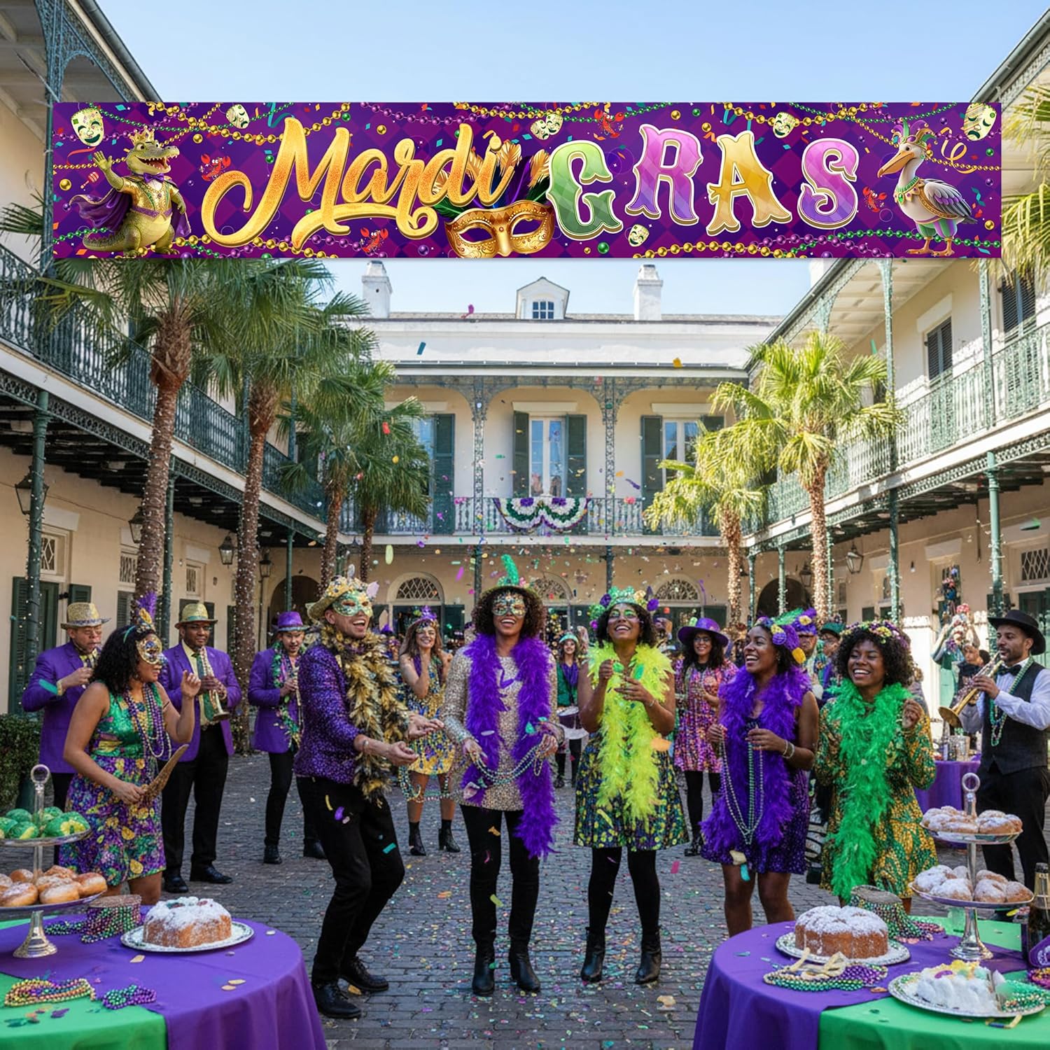 Mardi Gras Decorations Yard Banner - Purple Mardi Gras Outdoor Decorations 118.11" x 19.68", Long Carnival Party Porch Sign with Beads Masks and Characters for Fence Garage and Patio Decor - Image 6