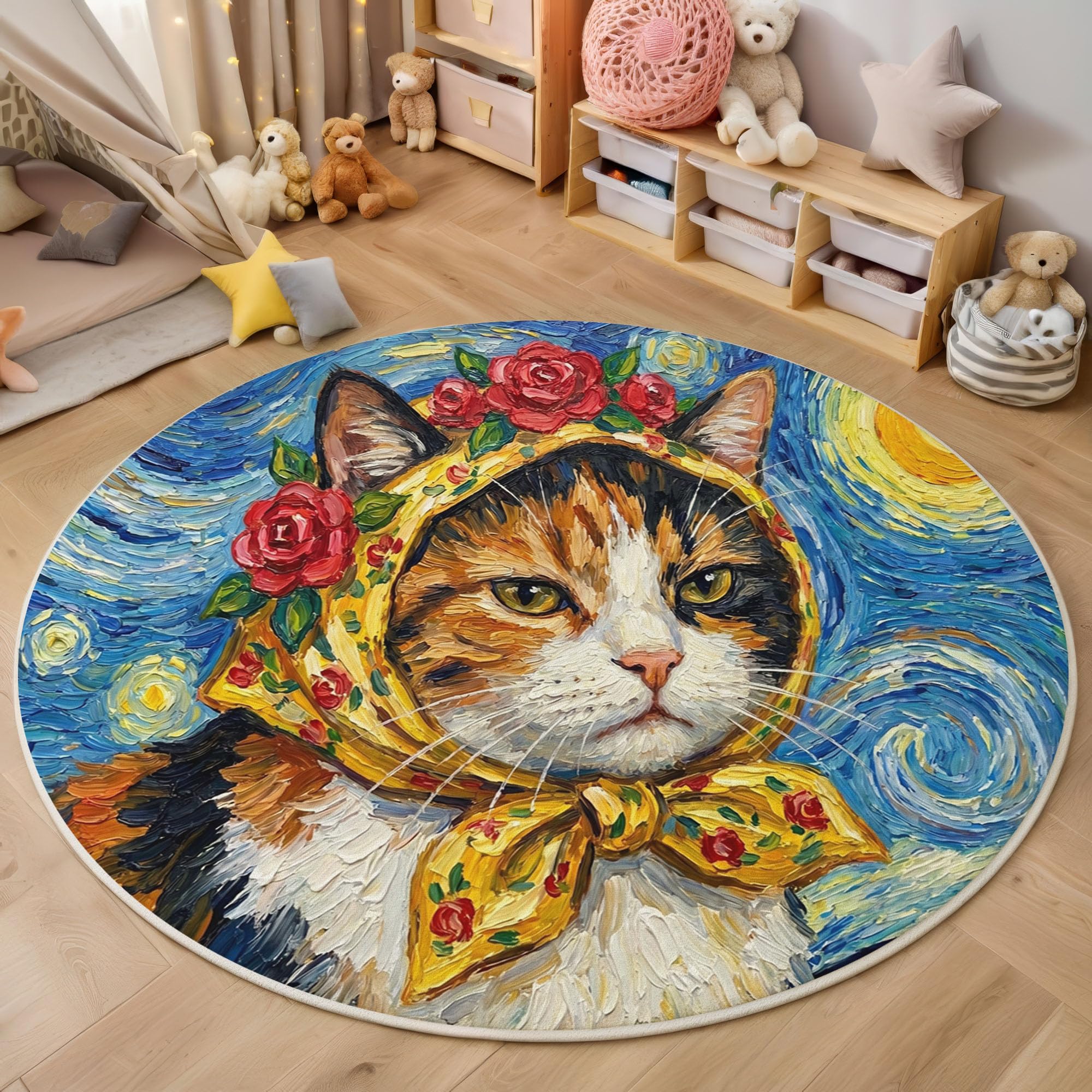 Tapis rond chat calico antidérapant et sécurisé pour chambre d'enfant et salle de jeux