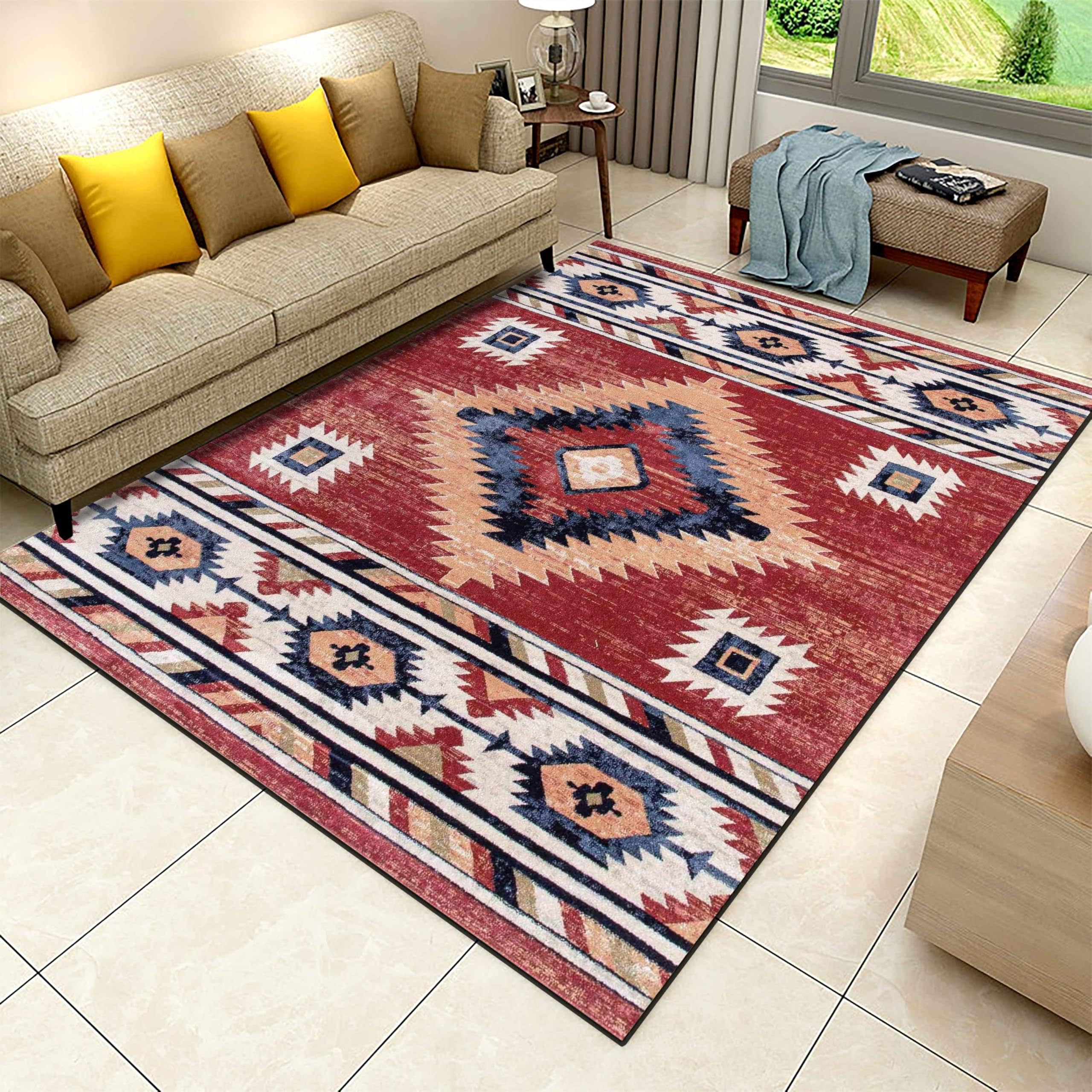 Tappeto tradizionale tribale del sud-ovest, 80x180 cm, lavabile, grande, per soggiorno, tappeto per camera da letto, rosso, vintage, geometrico, antiscivolo, stile boho occidentale.