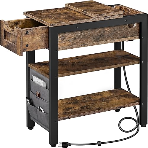 Yaheetech Mesita de noche delgada con estación de carga, mesita de noche abatible con 1 cajón y 2 estantes y bolsa, armario de noche con marco de