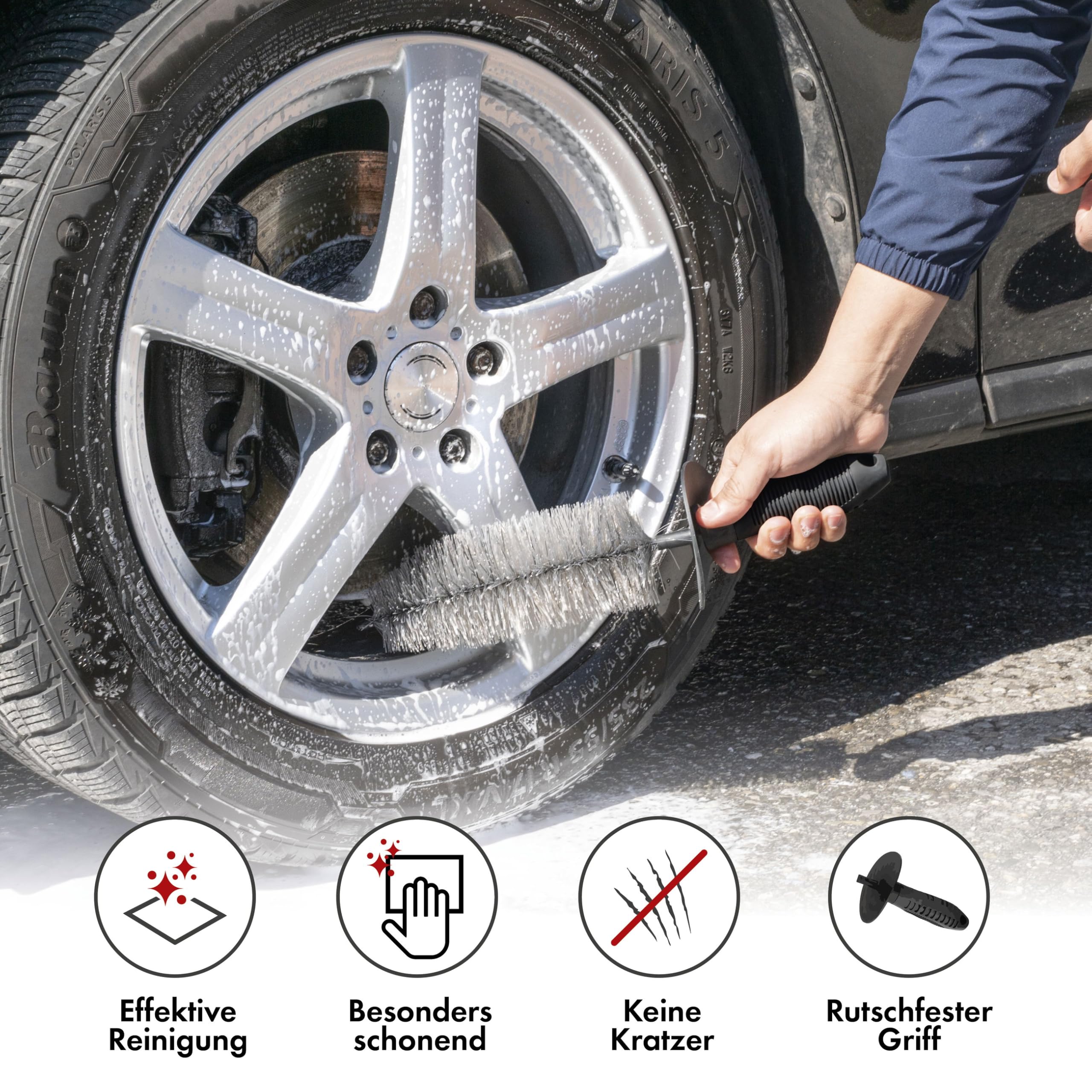 WALSER Spazzola per cerchi premium con setole, pulitore per cerchi con impugnatura ergonomica + paraspruzzi per una pulizia senza graffi e striature, spazzola per cerchi auto 37 cm