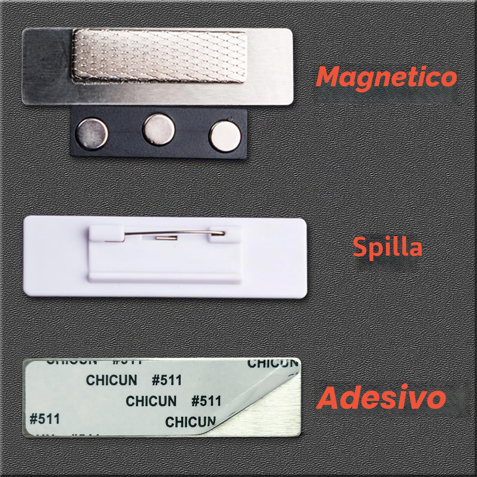 Targhetta identificativa personalizzabile in metallo con incisione laser, magnetica, adesivo, spilla