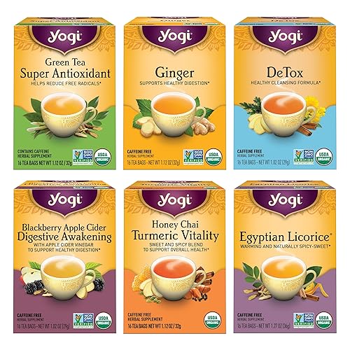 Yogi Paquete de muestras de digestión y desintoxicación (paquete de 6) - Apoyo al bienestar - Té verde y de hierbas - 96 bolsas de té