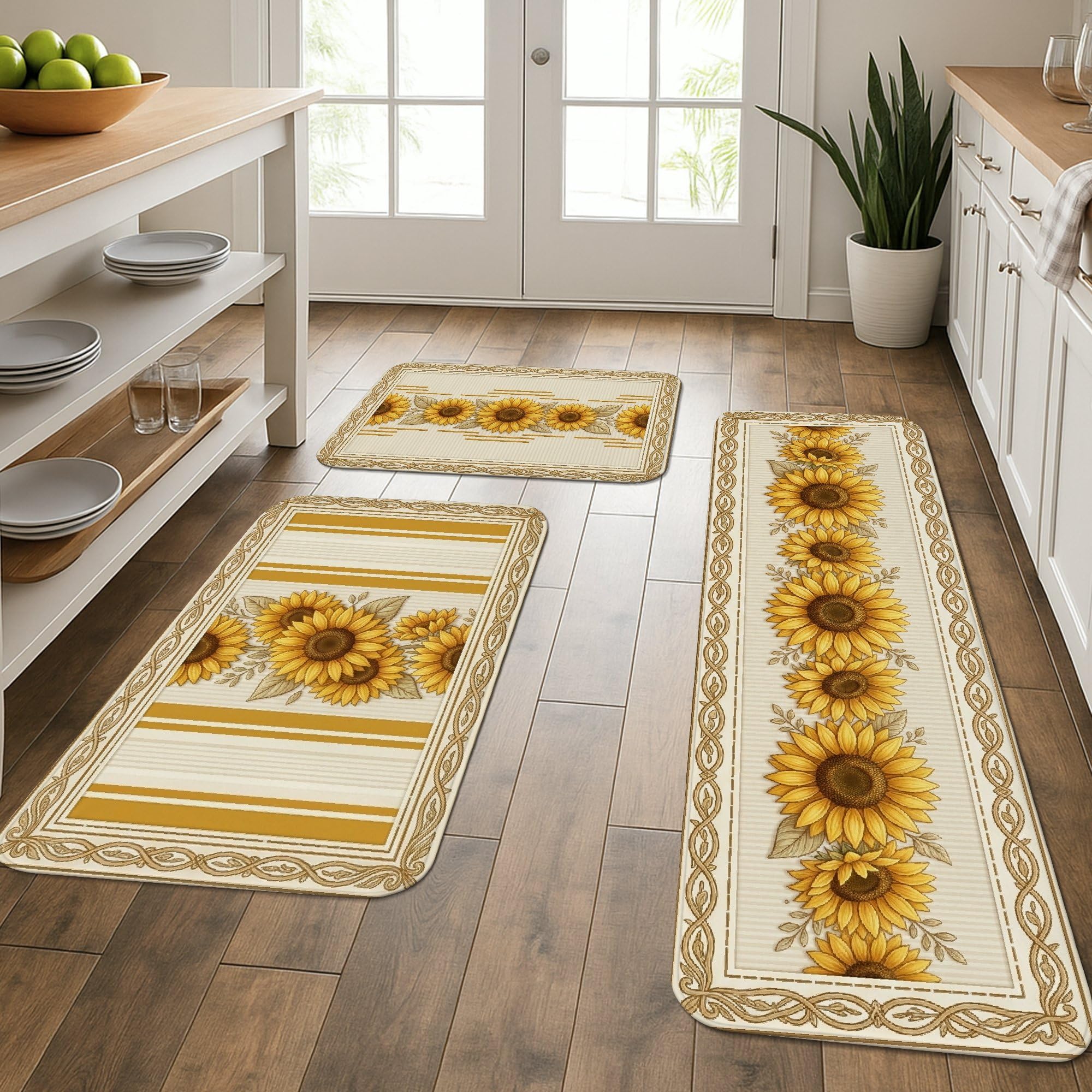 Tapis de cuisine tournesol lavables en lot de 3 avec bordure à rayures rustiques pour évier