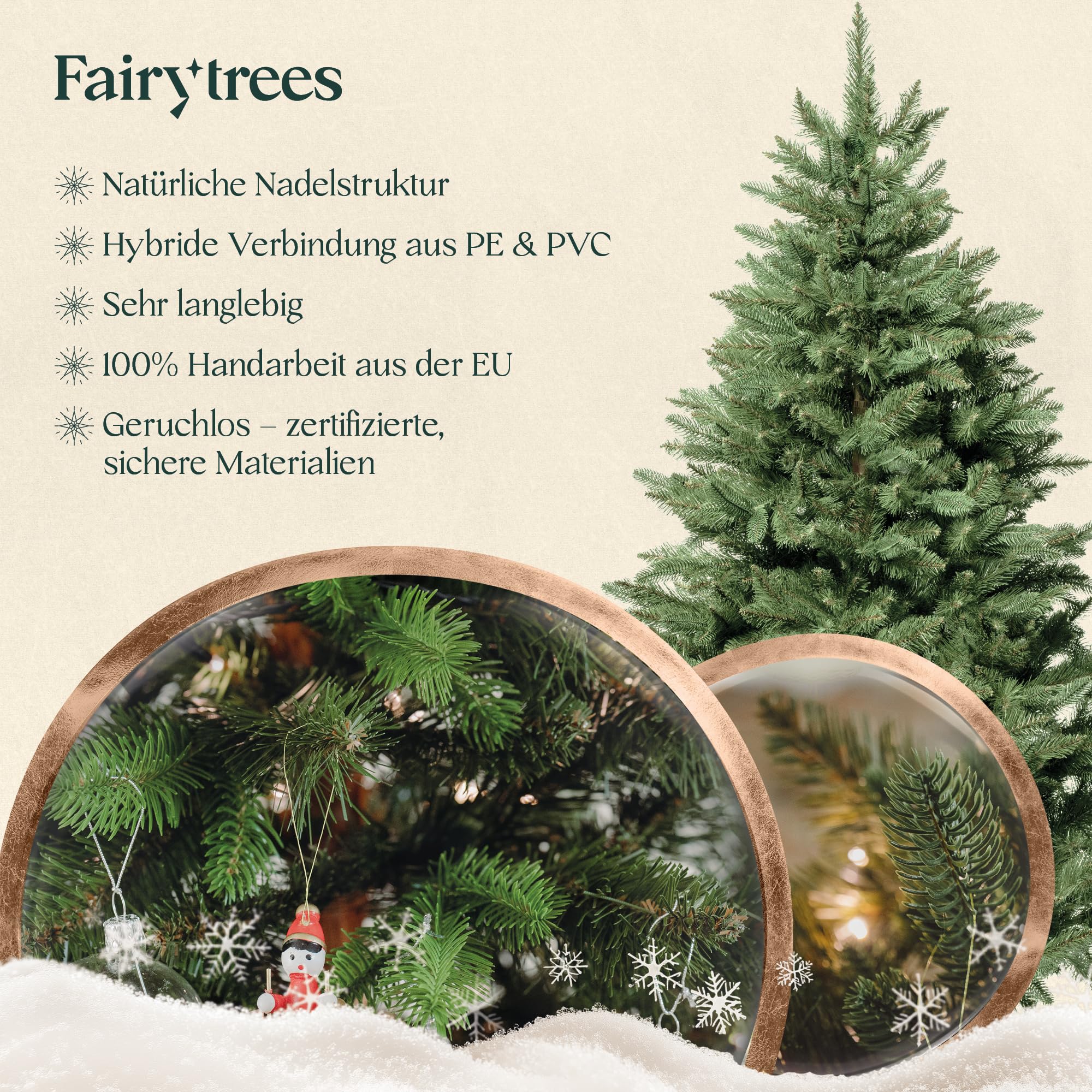 FAIRYTREES Weihnachtsbaum künstlich, Nordmanntanne Premium 180 cm, Naturgetreue Spritzguss Elemente, Made in EU, Künstlicher Weihnachtsbaum mit handgefertigtem Ständer aus Eschenholz