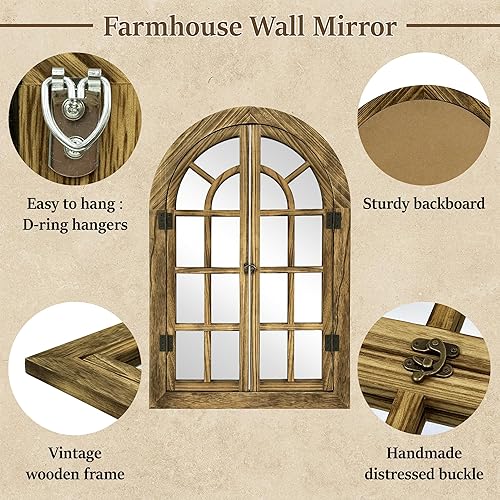 Miniatura 5 de Dorlicecass Espejo de pared arqueado, espejos de ventana para pared, 24 x 36 pulgadas, decoración de pared, marco de madera, decoración de granja,
