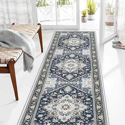 OPPODREAM Soft Entryway Rug 2x8, 2x8 Rug Runner, Washable Hallways Carpet 2 x 8 with Non Slip Backing, Low-Pile Bedside Carpet 2 x 8, Long, Faux Cashmere, Navy Blue & Gold