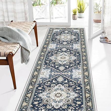 OPPODREAM Soft Entryway Rug 2x8, 2x8 Rug Runner, Washable Hallways Carpet 2 x 8 with Non Slip Backing, Low-Pile Bedside Carpet 2 x 8, Long, Faux Cashmere, Navy Blue & Gold