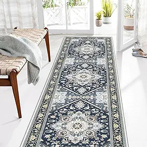 OPPODREAM Soft Entryway Rug 2x8, 2x8 Rug Runner, Washable Hallways Carpet 2 x 8 with Non Slip Backing, Low-Pile Bedside Carpet 2 x 8, Long, Faux Cashmere, Navy Blue & Gold