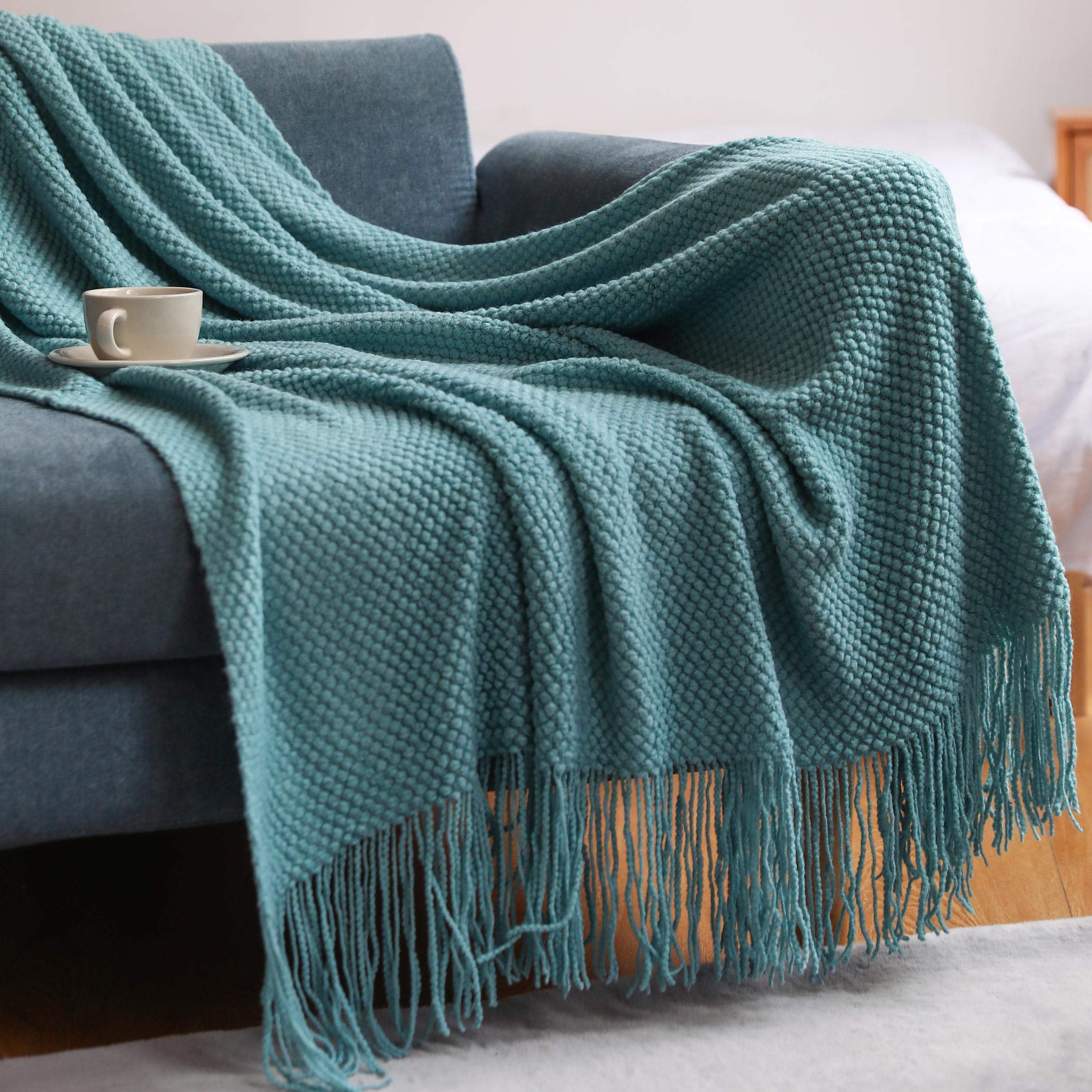 OliveSleep Knitted Throw Blanket Soft Cozy for Couch Chair Sofa Bed Cover, Decorative Blanket, (Teal Blue, 127 x152cm) — image 1