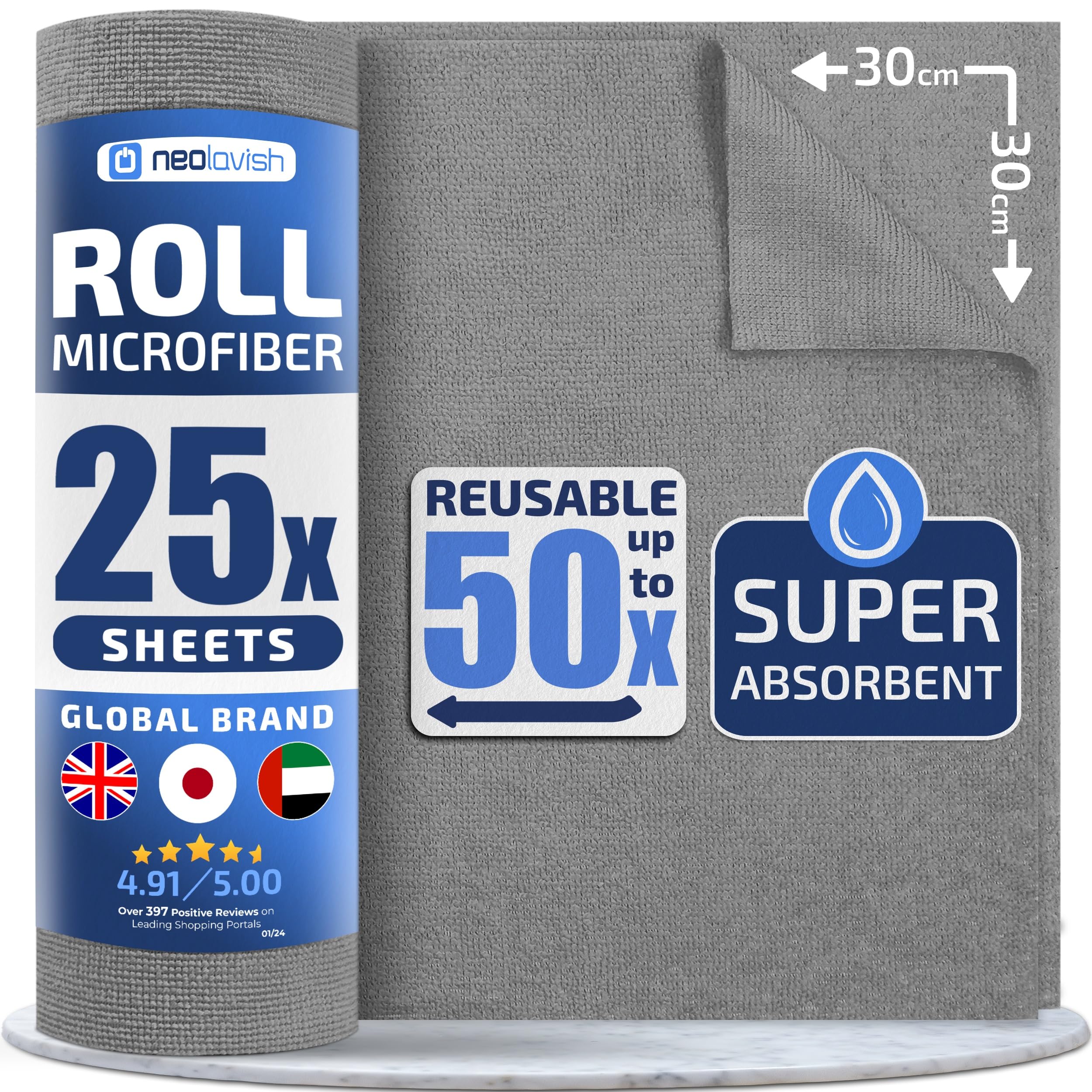 Neolavish® Microfiber Cleaning Cloth Roll - 25 Sheets | Reusable Towel for Home, Kitchen | Ultra Absorbing & Quick Dry Fiber - Paper Tissue Roll Alternative | 30x30 cm, Grey