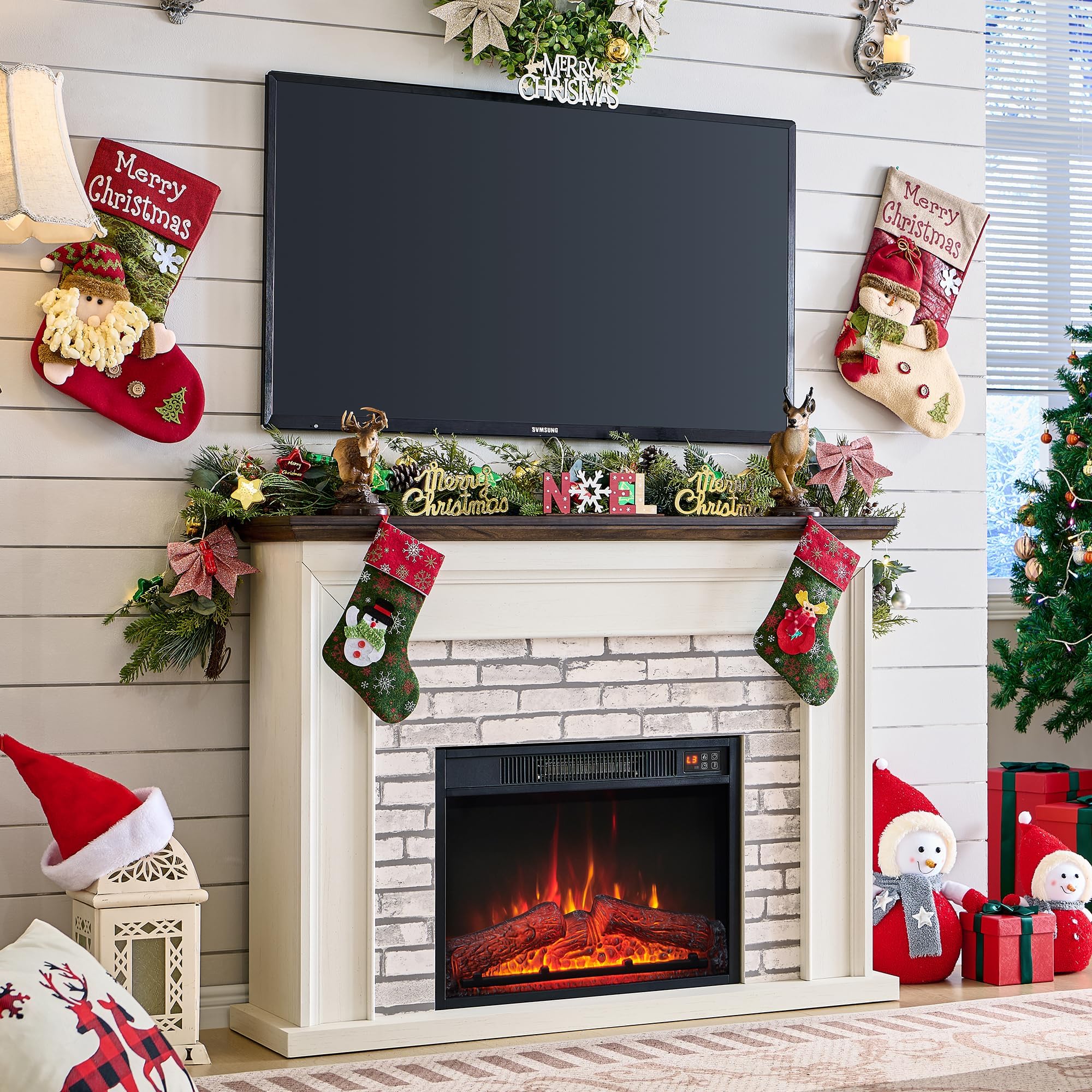 45" Flip Top Electric Fireplace with Mantel, Electric Fireplace Heater, TV Stand with Freestanding Electric Fireplaces, Remote Control, Adjustable Flame Level for Living Room (White)