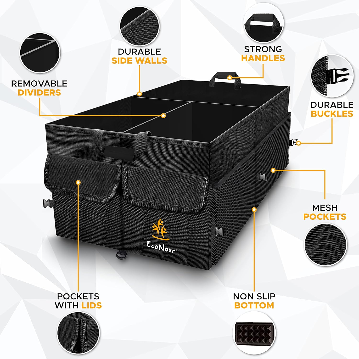 EcoNour Car Trash Bag (2 Pack) + Trunk Organizer for Car | Collapsible Caddy Trunk Organizers with Removable Dividers | Car Garbage Bag Hanging for Consoles & Headrests