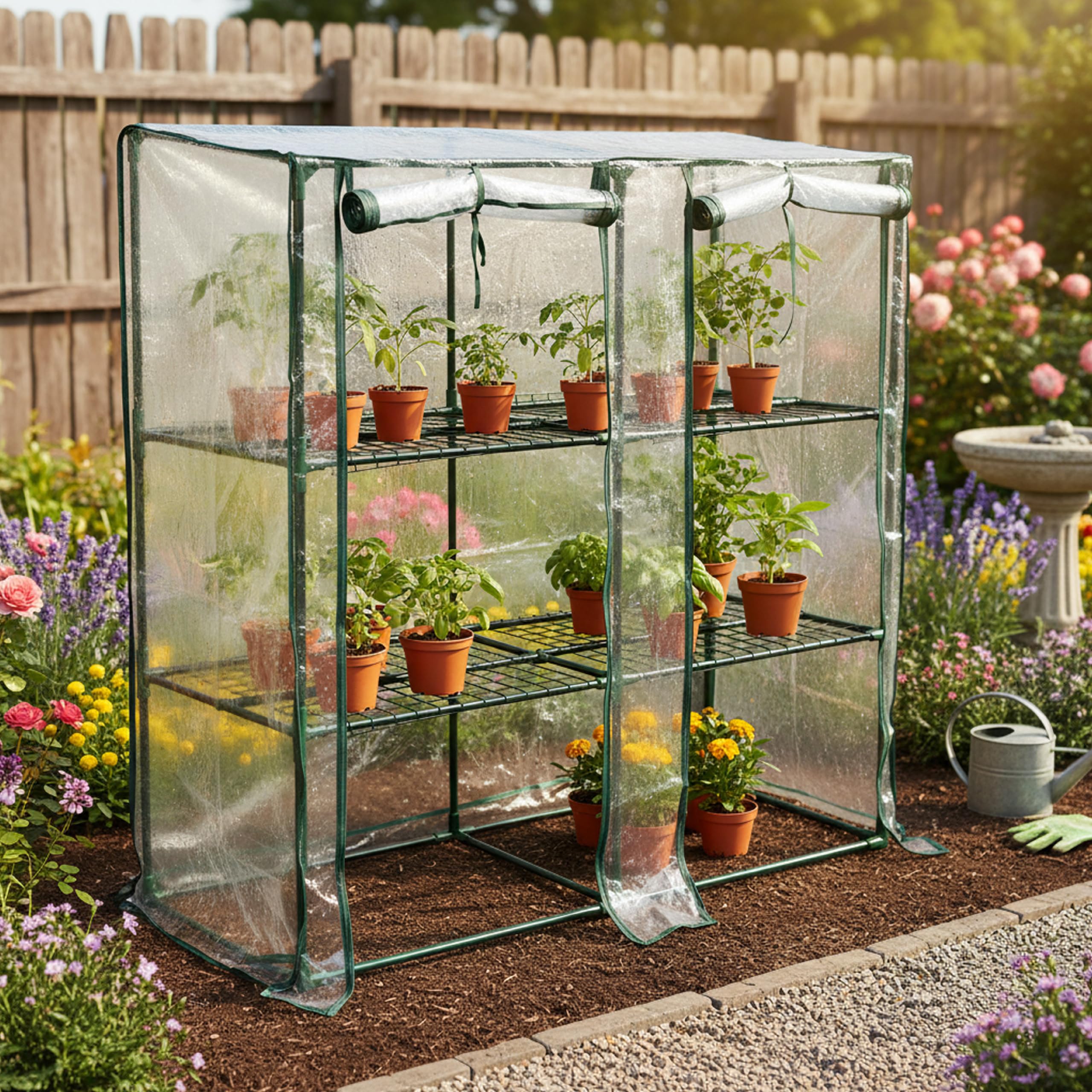 Baroni Home Serra da Giardino con Copertura in PVC Trasparente, Telaio in Acciaio Resistente, Porta Avvolgibile con Cerniera, Protezione da Pioggia, Vento e Uccelli (3 ripiani a muro)