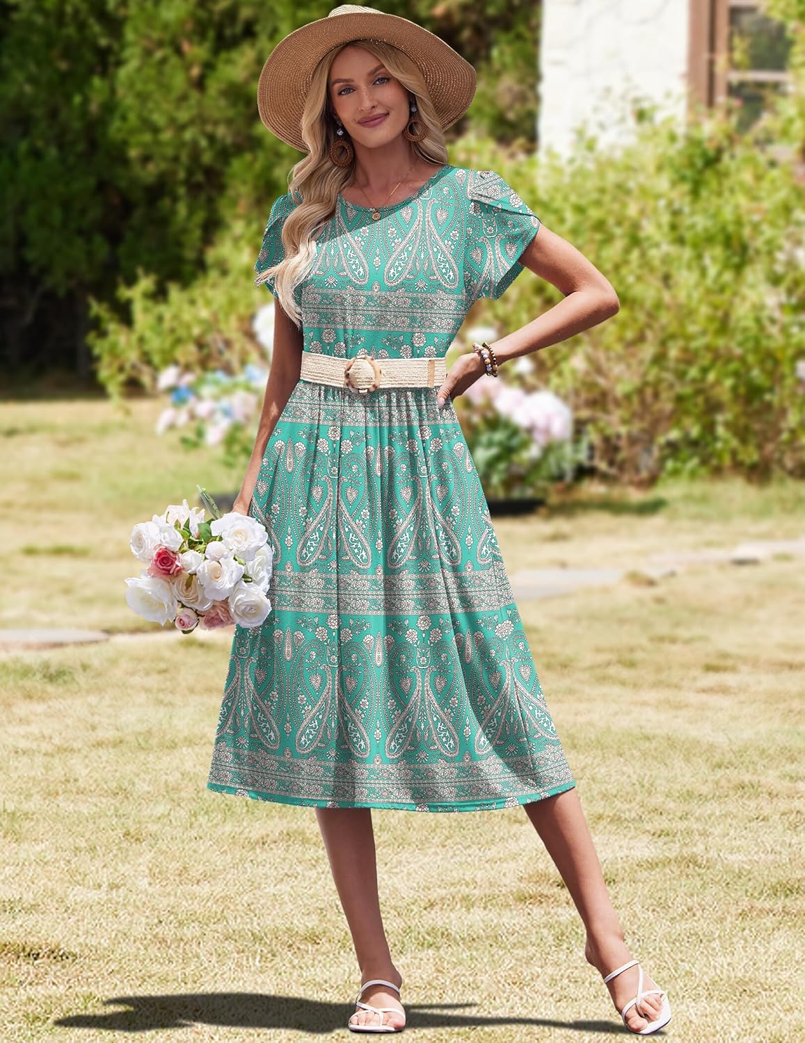 HOTOUCH Women's Summer A-Line Midi Dresses 2026 Casual Floral Short Sleeve T-Shirt Dress Flowy Beach Sundress with Pockets - Image 6