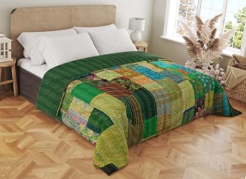 Marubhumi Handmade Cotton Quilts Kantha Blanket Indian Silk Sari Patchwork Quilts Green, Twin 60"x 90"