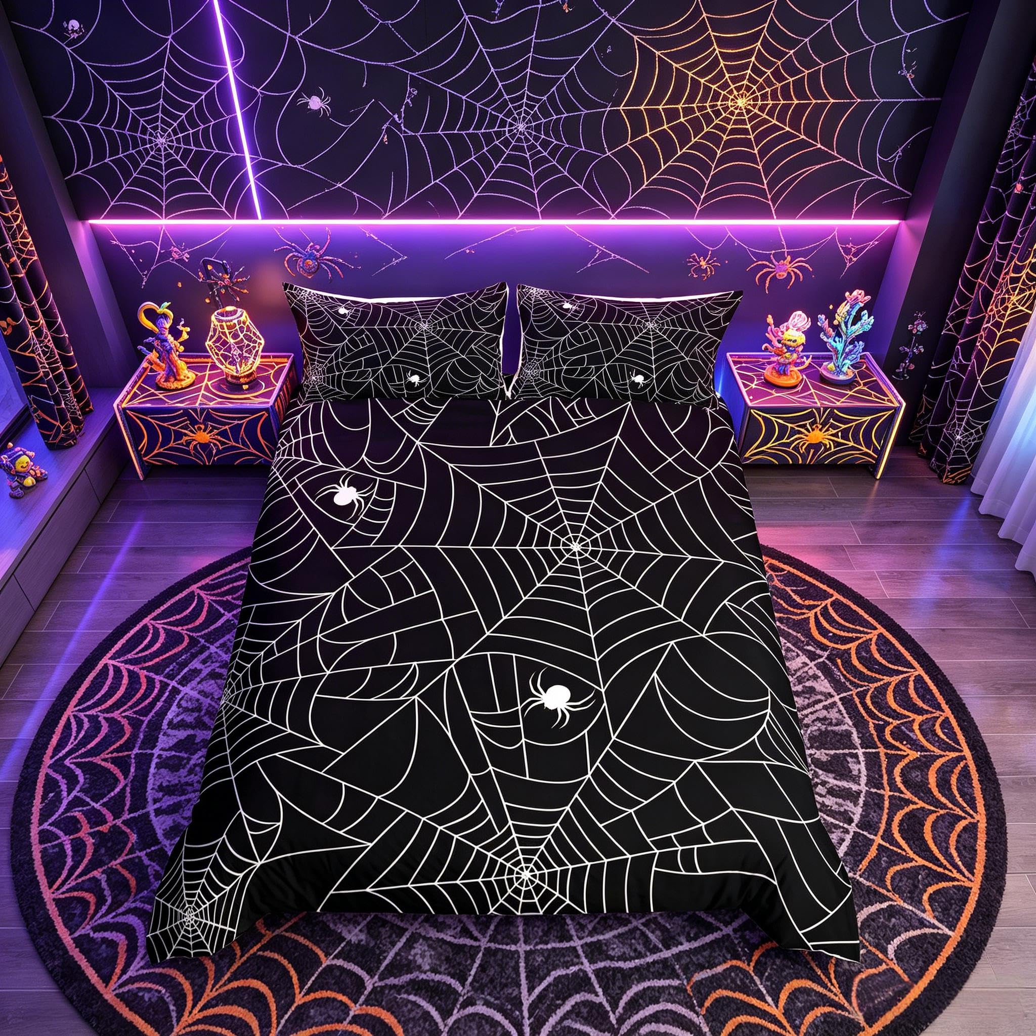 Loussiesd Boys Black White Spider Web Bedding Set For Kids Children Halloween Themed Comforter Cover Decorative Scary Spider Pattern Duvet Cover Animal Theme Bedspread King Size 3Pcs Bedclothes