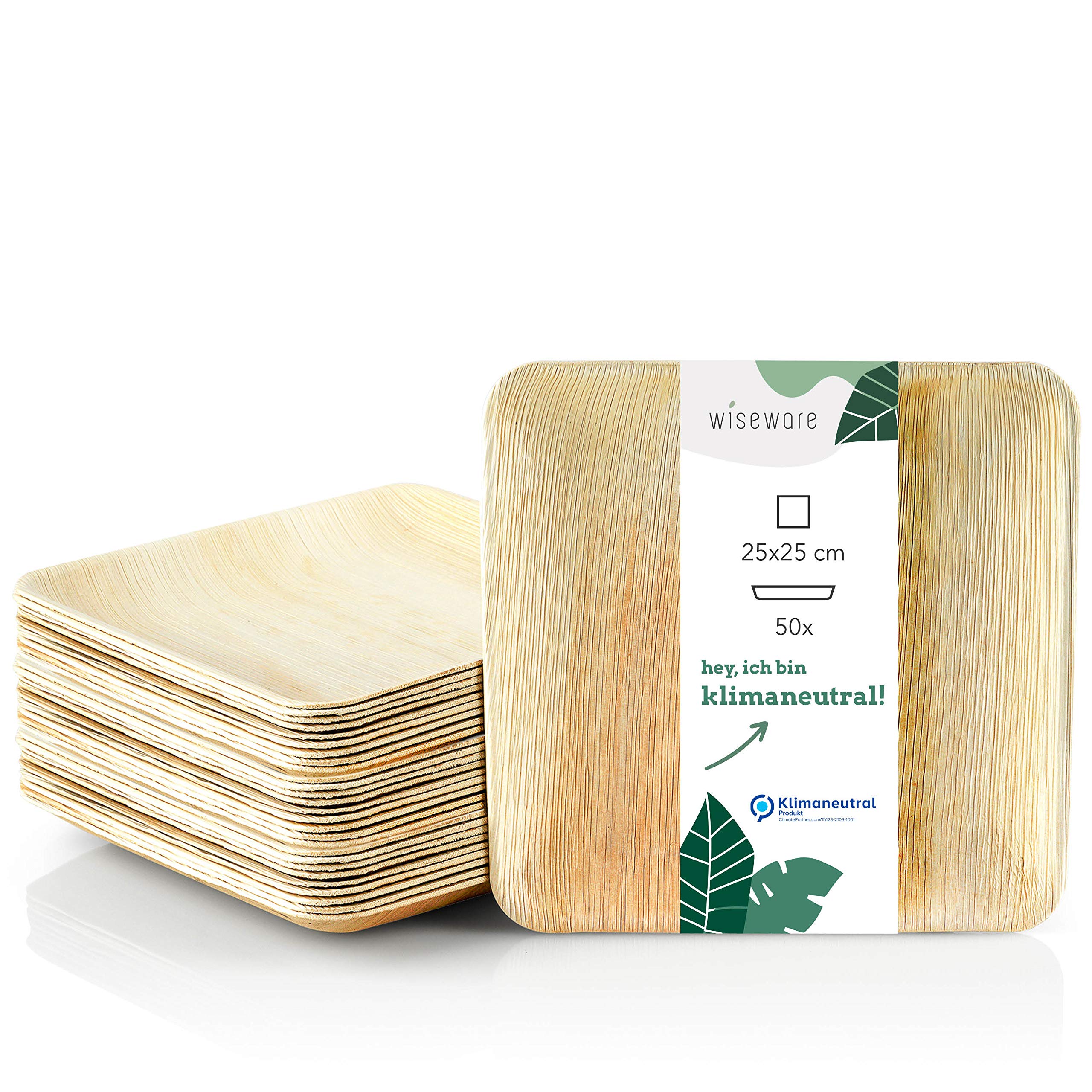 Wiseware Palmblatt Teller - 50 Stück Einwegteller quadratisch 25 x 25 cm - biologisch abbaubares Palmblattgeschirr - kompostierbares Partygeschirr - Bio Einweggeschirr (50, 25 x 25 cm)