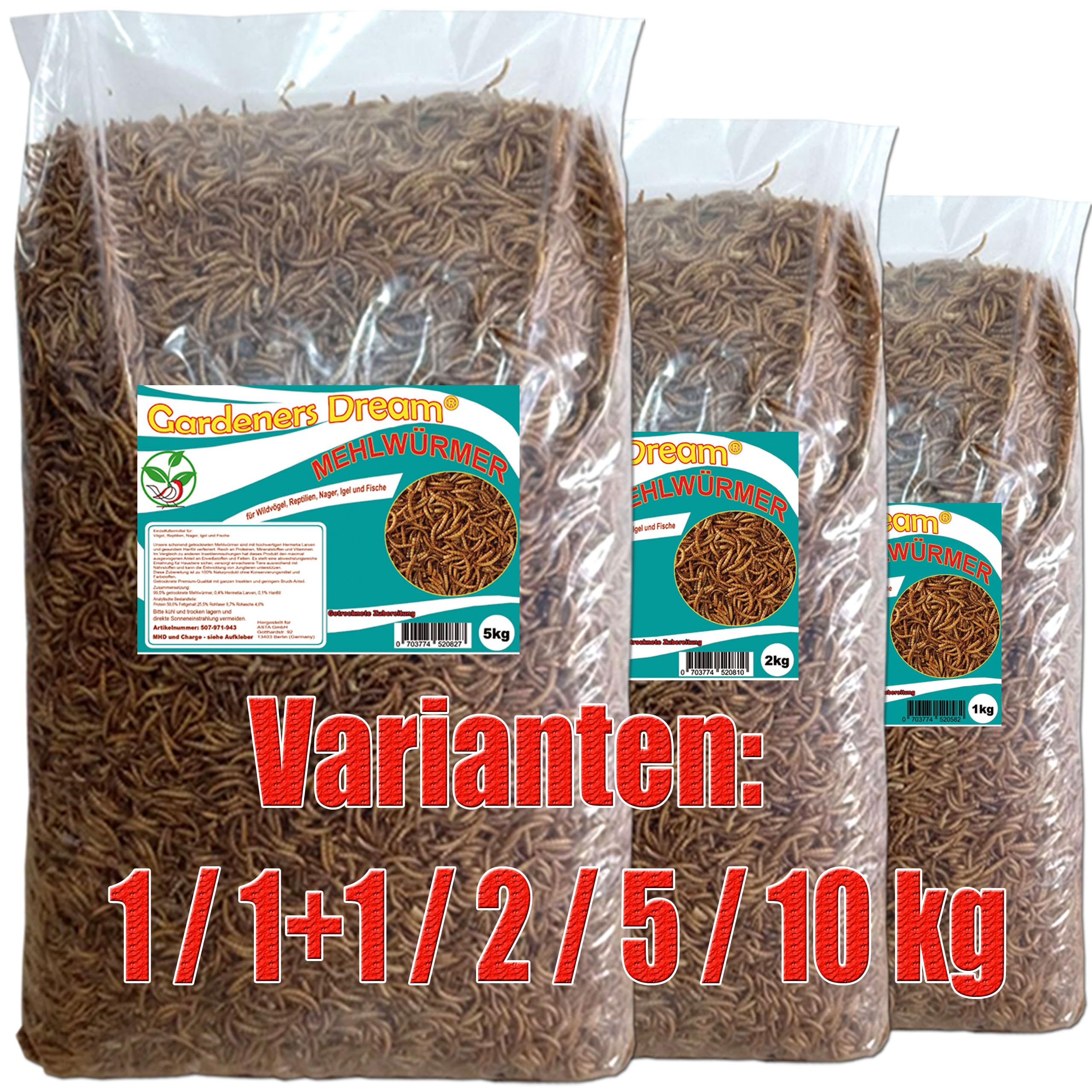 Gardeners Dream getrocknete Mehlwürmer in 2kg Abpackung, Protein- und fettreich, verfeinert und gesiebt, für Fische, Nager, Vögel, Reptilien, auch Koifutter oder Igelfutter