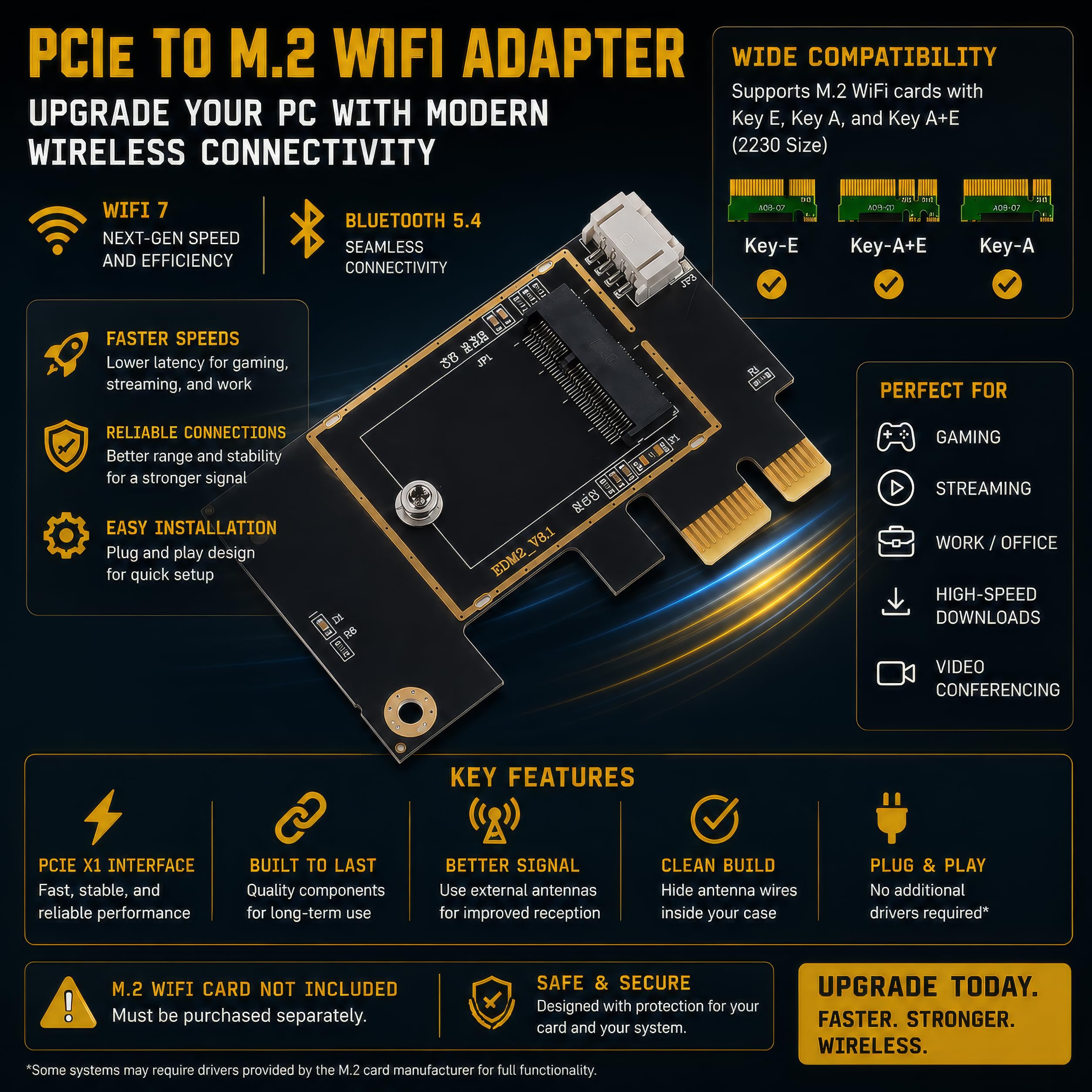 M.2 NGFF Wireless Card to PCI-e 1X Adapter M.2 Bluetooth-Compatible Network Card to WiFi WLAN Converter Desktop for 8260 (Laptop to Desktop)