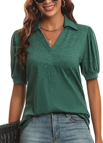 KYLELOVE Womens Casual Tops V Neck Polo Shirts Puff Sleeve Blouses Loose Fit Tunics