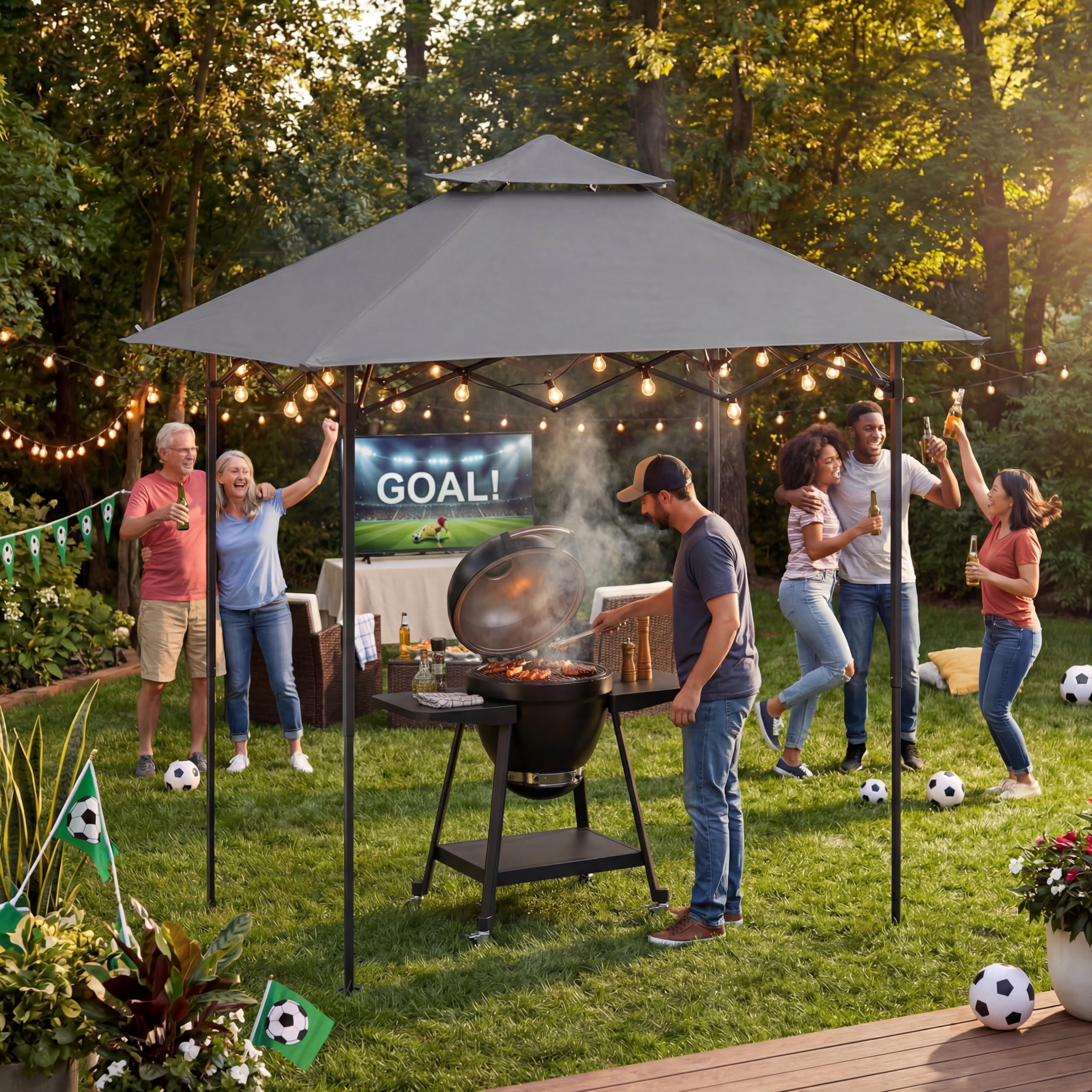 SUNJOY Rozsuwany Namiot Grillowy 1.5 x 2.4 m z Magnetycznym Światłem LED i Pokrowcem Do Przenoszenia, Idealny na Grilla, Pikniki, Imprezy Plenerowe, Szary