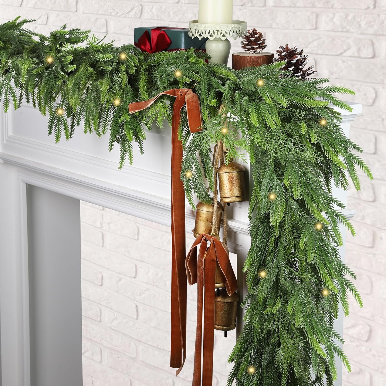Fovths 5 Pieces 6 Ft Christmas Garlands with Norfolk Pine Garland Rustic Cow Bells Velvet Bow Light String for Christmas Table Fireplace Mantle Home Decor 6 feet
