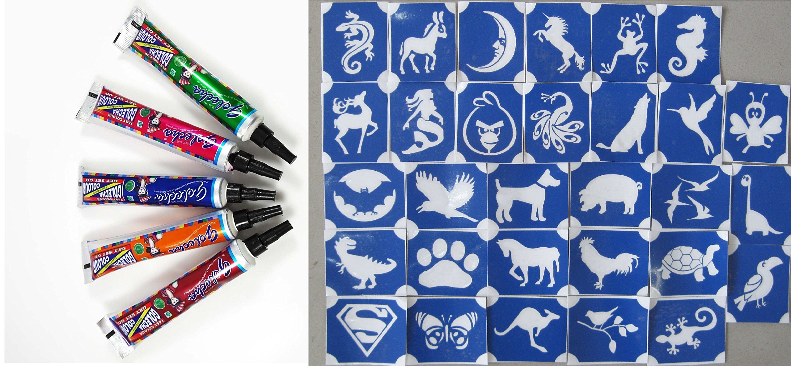 5 Multi-Colors X Quick Dry Temporary Tattoo Body Art Tube + 30 STENCIL PACK FREE