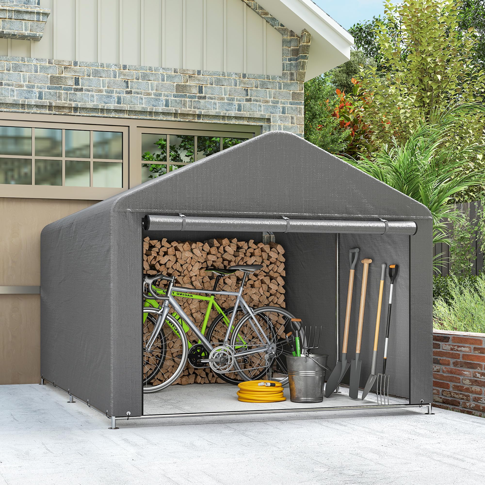 Outsunny 2x2.4 m Garage Moto per Esterno, Tenda Garage con Copertura Impermeabile, Porta Avvolgibile a Cerniera, per Biciclette e Attrezzi in Acciaio Zincato, da Giardino, Grigio Chiaro
