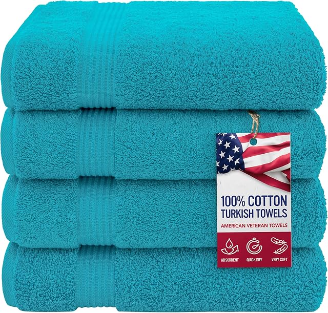 American Veteran Bath Towels, 4 Piece Thick Soft Absorbent Large Bath Towel, 100% Turkish Cotton Luxury Quick Drying Bath Towels for Body, 600 GSM 4 Bath Towels Set of Bathroom, Aqua Blue