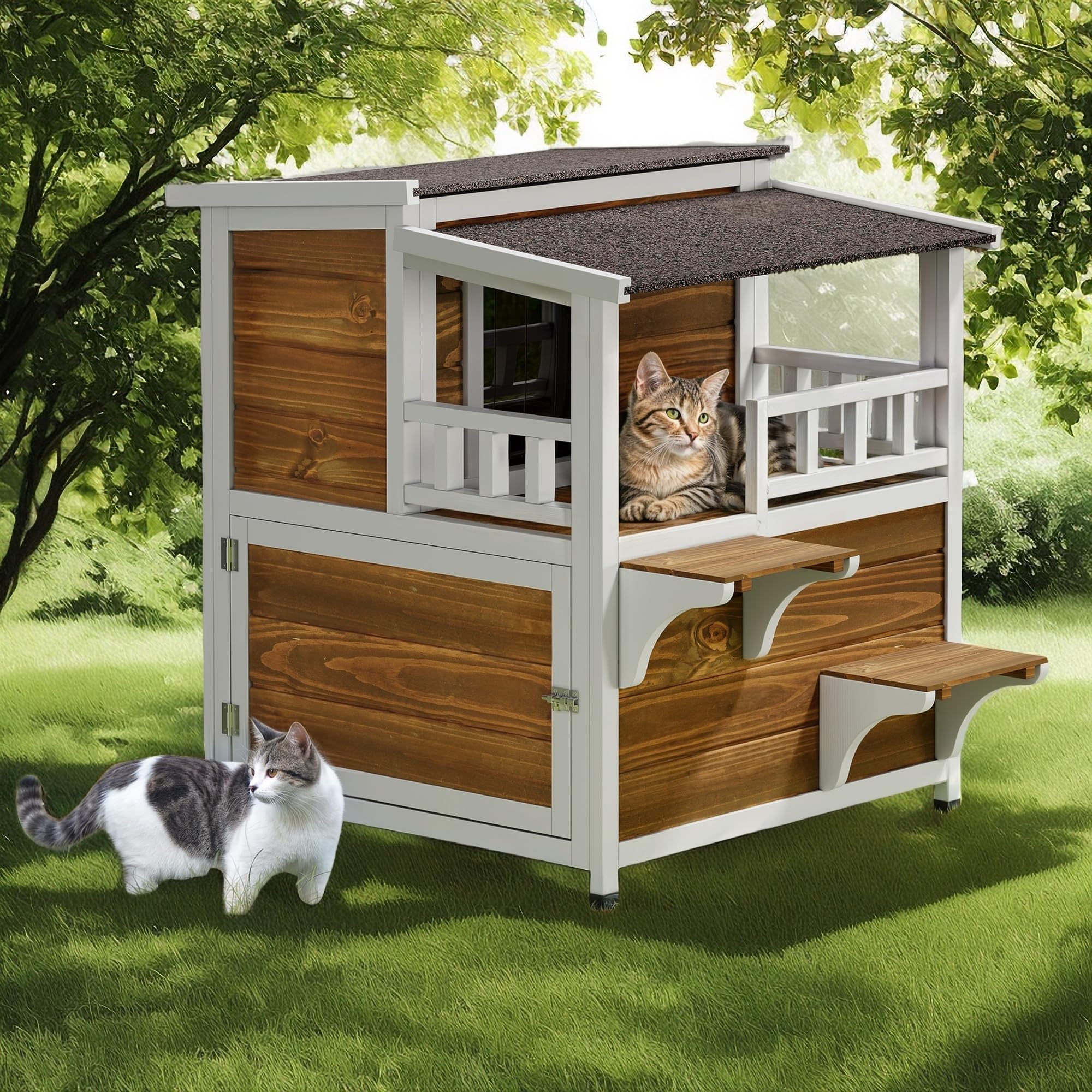 DWVO Large Two-Story Outdoor Cat House with Balcony for 2 Cats, Solid Wood Feral Cat Shelter Weatherproof with Escape Door & Openable Asphalt Roof, 2 Story Outside Cat Condo for Small Animals, Brown