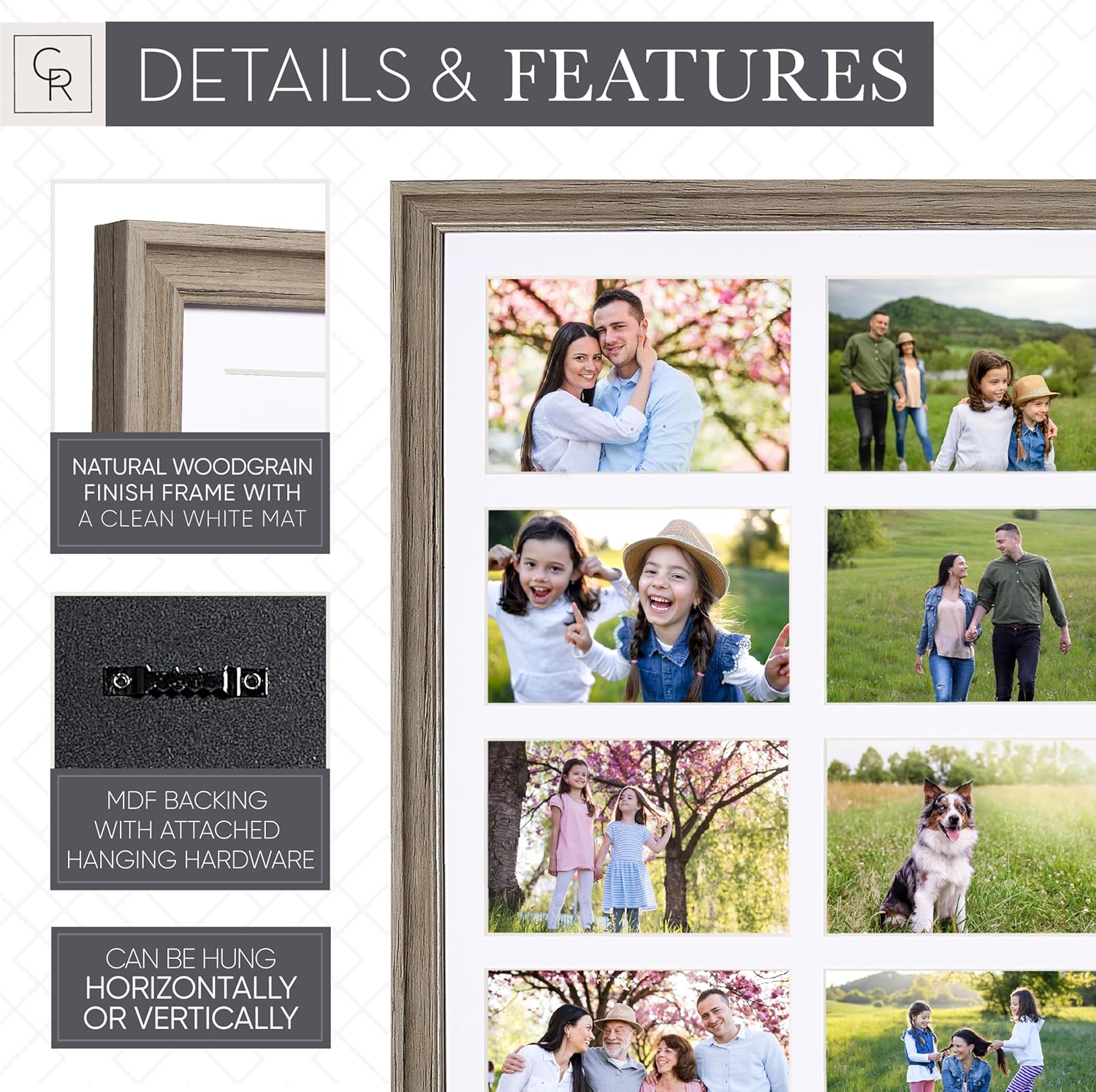 Camden Reed Glass Photo Frame with White Mat, 16 Openings, Black MDF Backing, Sawtooth Hangers, Color Box Packaging, 20x28 inch, Natural