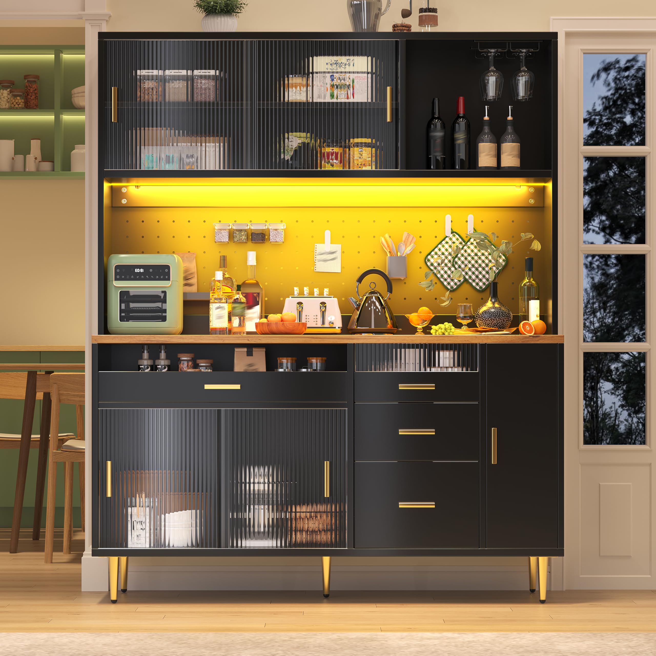 Armadio alto per soggiorno (145 × 39 × 171 cm), armadio da cucina, armadio alto con ripiani a parete forati (nero)
