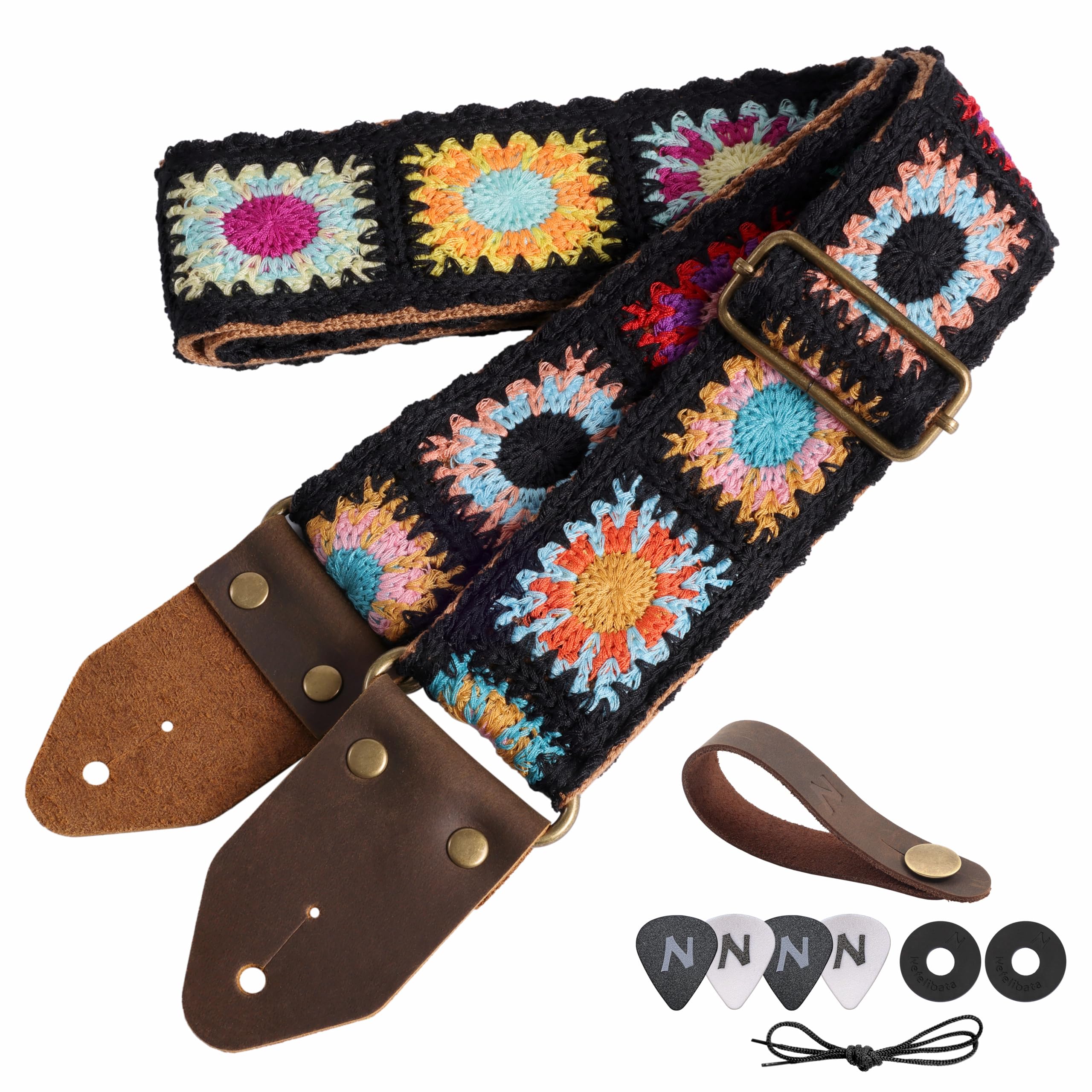 Nefelibata Sangle de guitare, sangles de guitare en coton brodé Jacquard avec extrémités en cuir Crazy Horse pour basse, électrique et acoustique, meilleurs cadeaux pour les enfants, les guitaristes