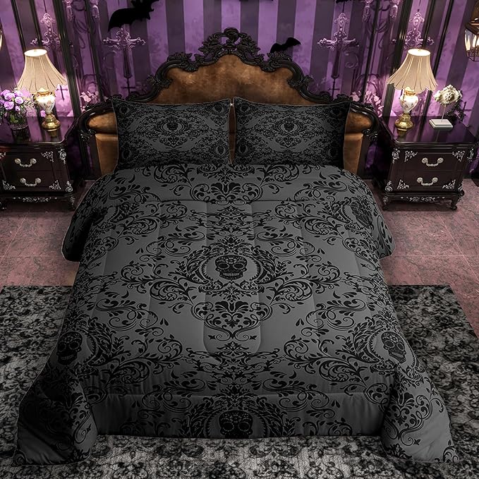 Feelyou Adults Black Vintage Damask Floral Comforter Set Oriental Antique Comforter Queen Size Gothic Bohemia Boho Bedding Set Exotic Sugar Skull Duvet Set Quilt Set 3Pcs