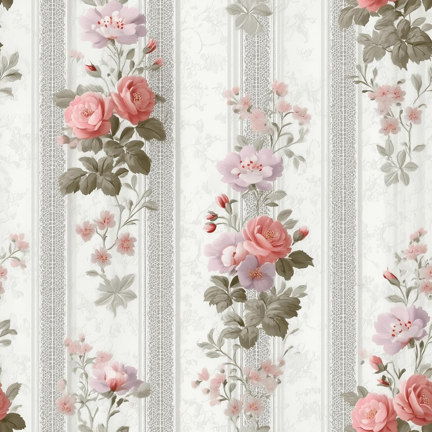 Vintage Floral Lace-Stripe Wallpaper Peel and Stick Removable 17.7" x 236.22" Lavender Rose Moss-Green Leaf Wall Paper Self Adhesive for Classroom Bedroom Laundry Room Bathroom