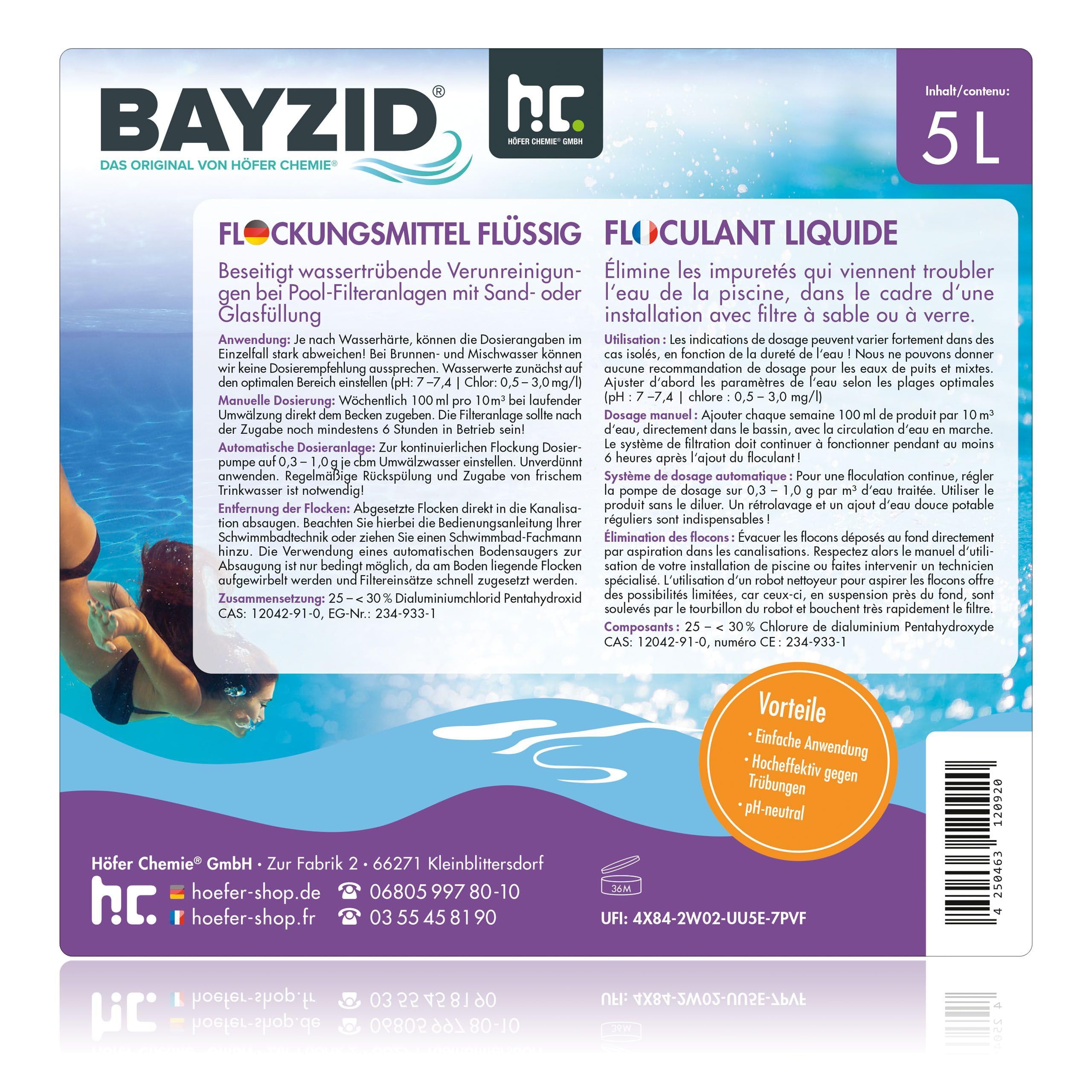 Höfer Chemie BAYZID 1 x 5 L Liquide floculant pour Piscine pour Une Eau cristalline - Facile à Utiliser + très Efficace Contre la turbidité