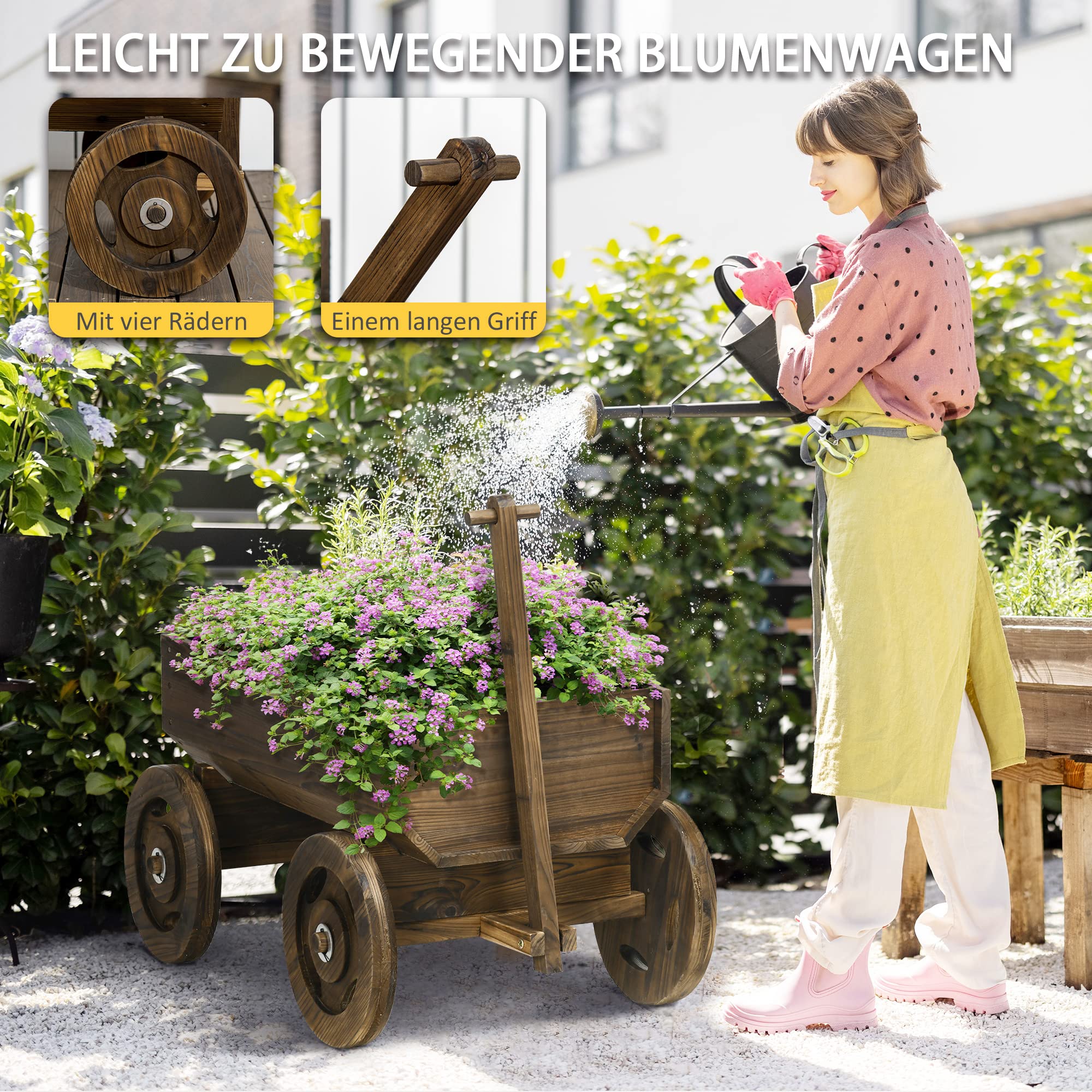 Outsunny Hochbeet im Holzwagen-Design, Blumenkasten Holz, Pflanzenwagen, Pflanzenständer für Garten und Terrasse, bis 50 kg belastbar, Verkohlt, 127 x 53 x 58 cm