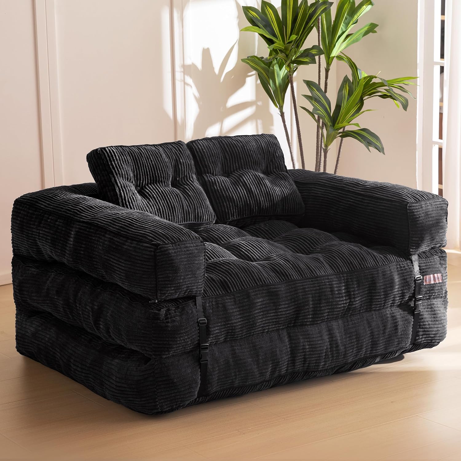 MAXYOYO Folding Sofa Bed, L-Shaped Convertible Sofa Bed with Armrest Foldable Sleeper Couch with Pillow, Portable Fold Out Chair Comfy Floor Couch Lounge for Living Room Bedroom, Black, Double Full Black
