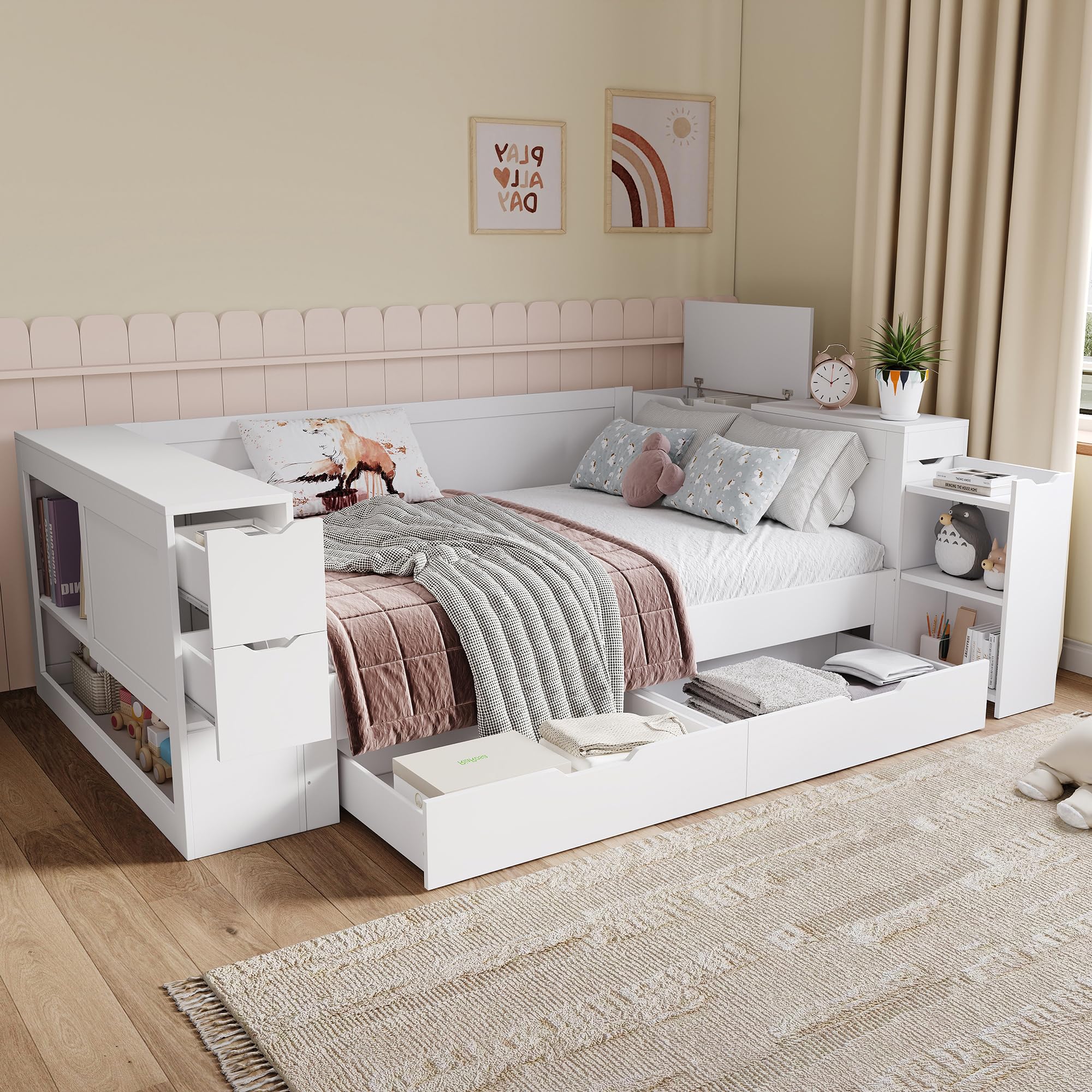 Lettino Per Bambini In Legno Massello 90x200 Cm Con Letto Estraibile E Porte USB - Bianco, Multifunzionale Con Cassetti E Ripiani, Soweiz