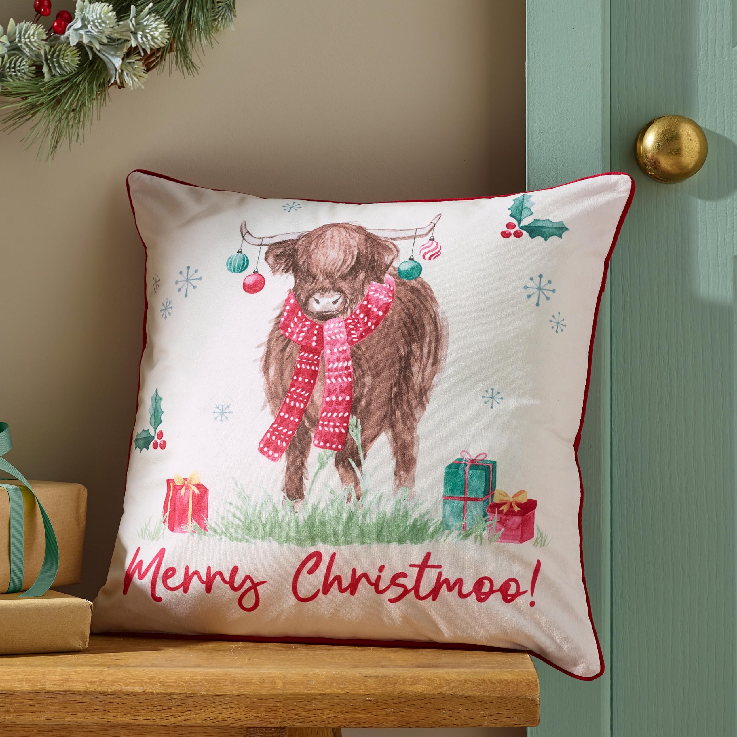 Catherine Lansfield Merry Christmoo Soft Touch 45x45cm Cushion Natural