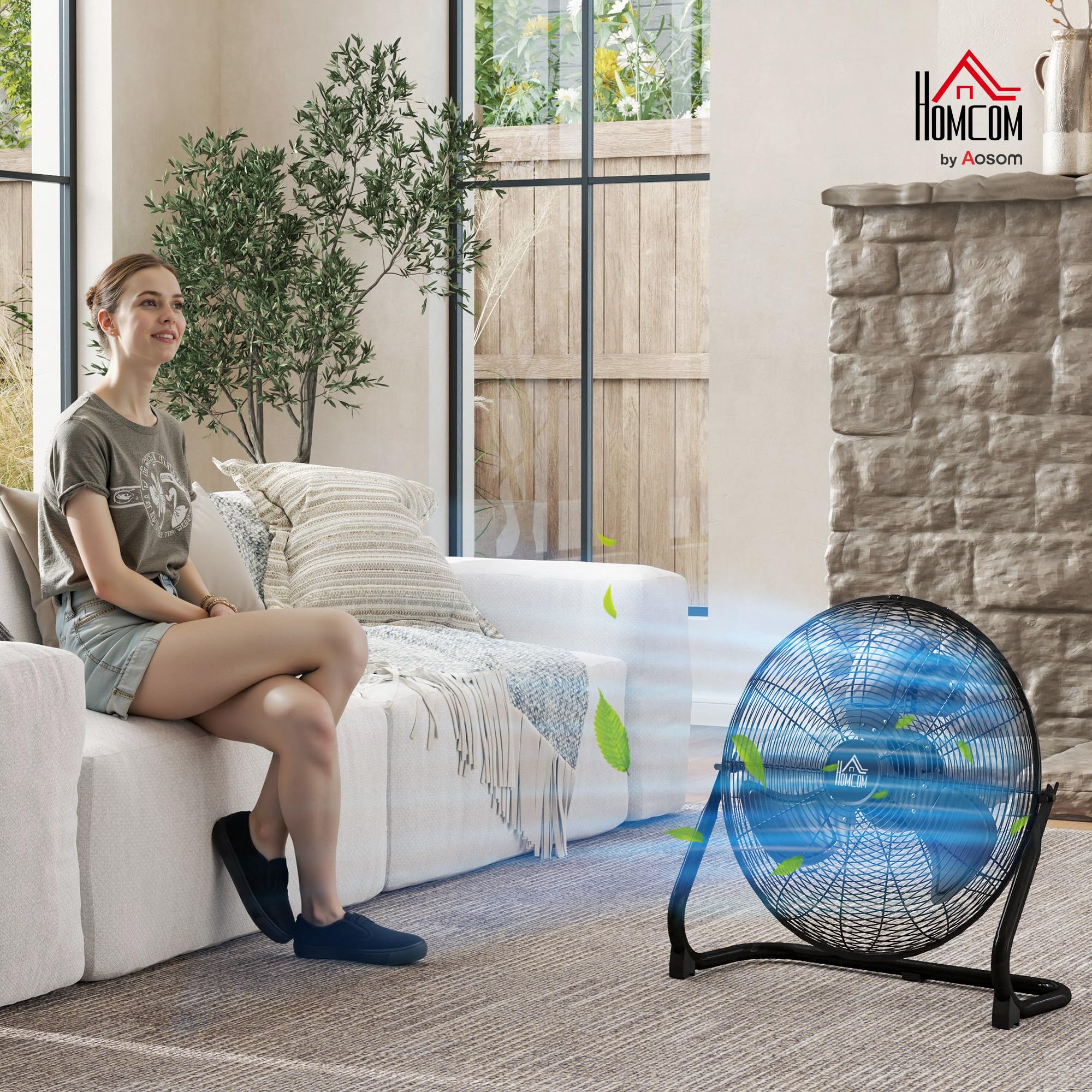 HOMCOM Ventilateur de Sol Ø59 cm Ventilateur Industriel sur pied 120 W avec 3 vitesses et inclinaison réglable à 120° en Métal pour chambre bureau Noir