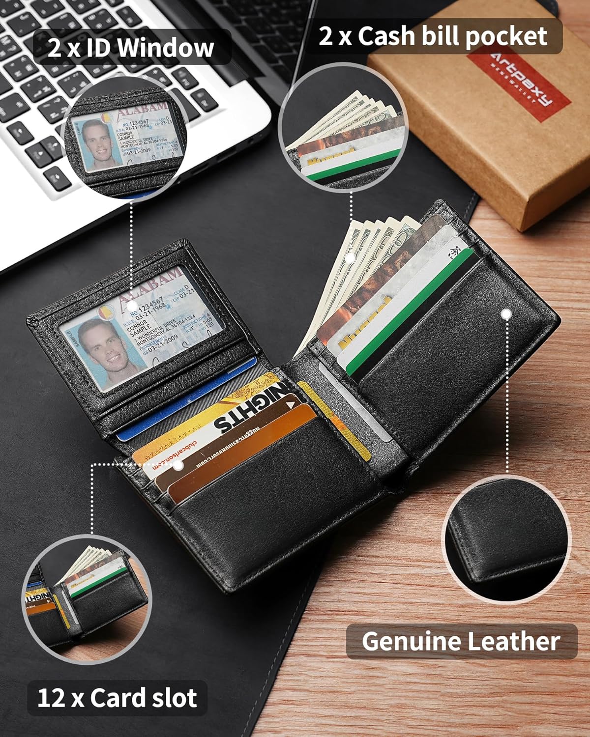Mens Wallet Genuine Leather Bifold RFID Blocking Wallet for Men with 2 ID Windows 12 Card Holders 2 cash pockets 1 Gift Box - Image 5