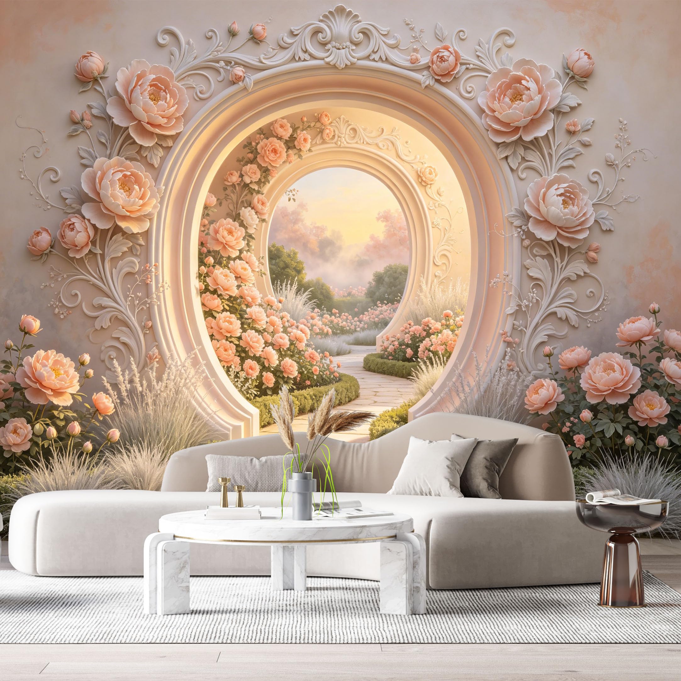 Custom Size Wall Murals Botanical Peony Flower Archway 3D Trompe L'Oeil SelfAdhesiveWall Fabric Removable Wallpaper Wall Decor for Living Room Bedroom Bathroom
