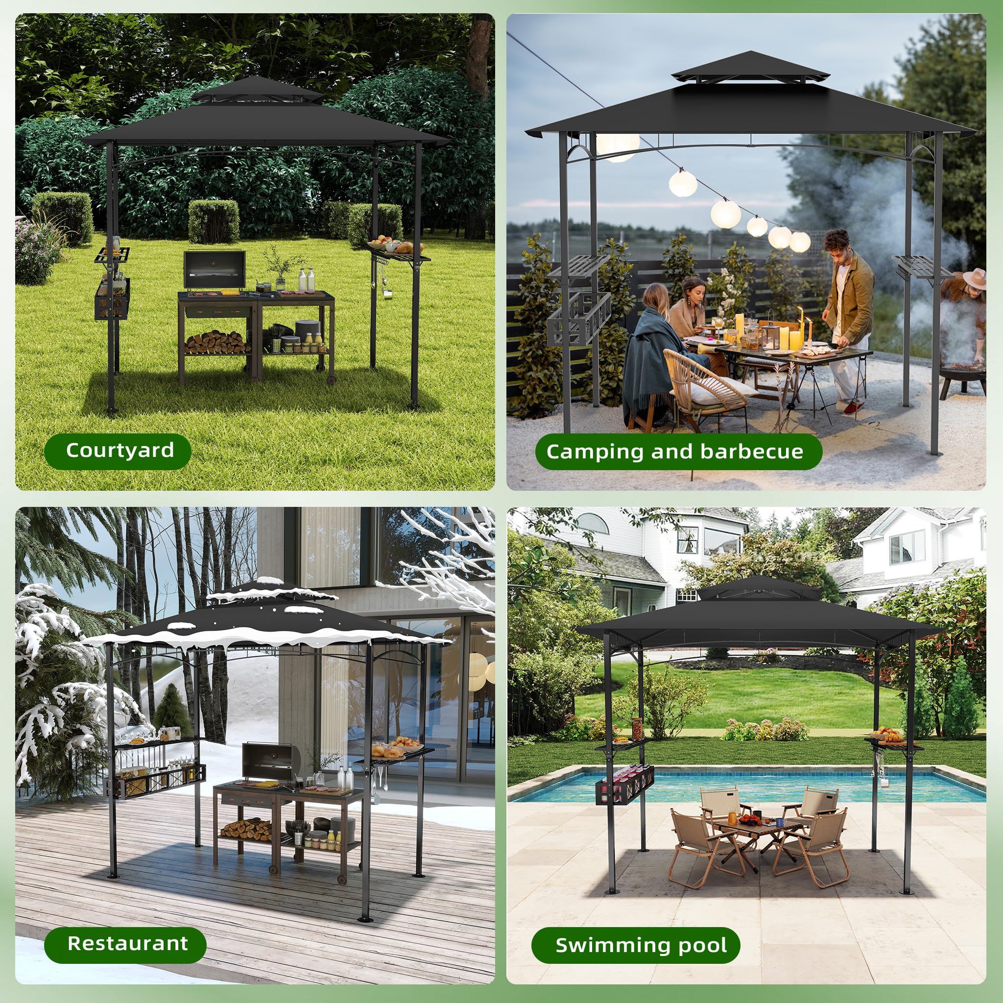 UISEBRT Gazebo per barbecue resistente all'inverno con telaio in metallo e tetto in poliestere, 245 x 153 x 250 cm, protezione da pioggia e sole, include cestino portaoggetti, gazebo per