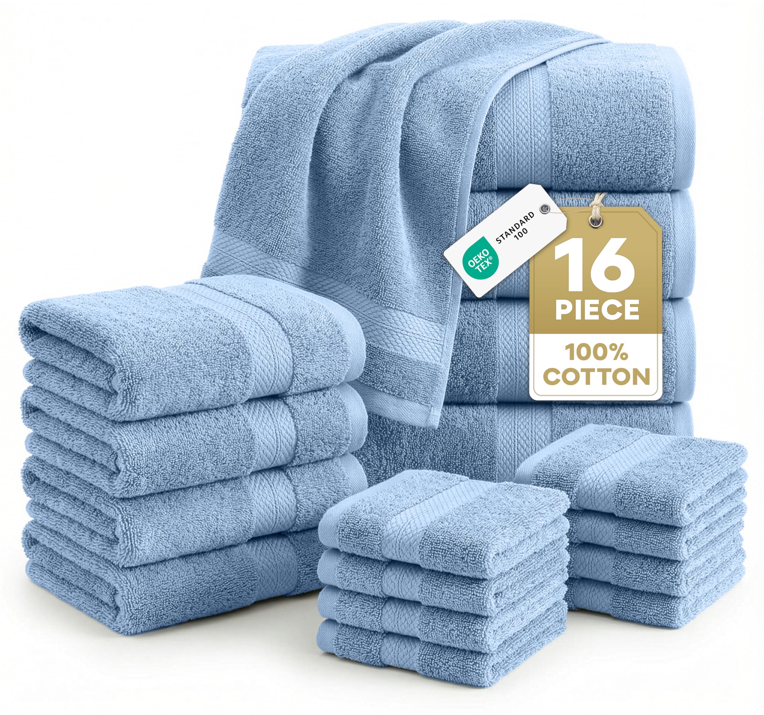 100% Cotton Premium Bathroom Towels Set - 16 Pieces - Ring Spun, Quick Dry, Super Soft & Highly Absorbent - 4 Bath, 8 Washcloths, 4 Hand Towels for Bathroom - Pre Shrunk - Cerulean Blue