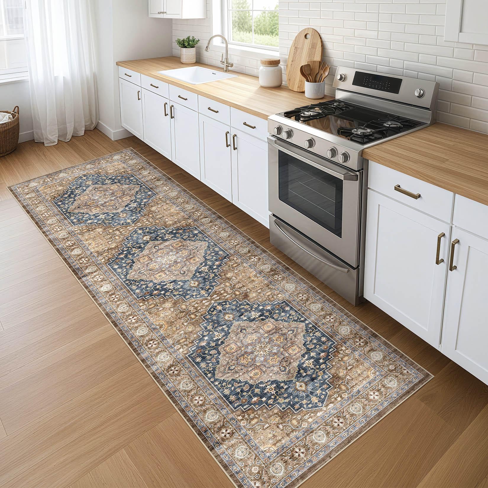 LOONGRUG Runner Rug 3x10 Washable Non-Slip Vintage Boho Rug Yellow Blue