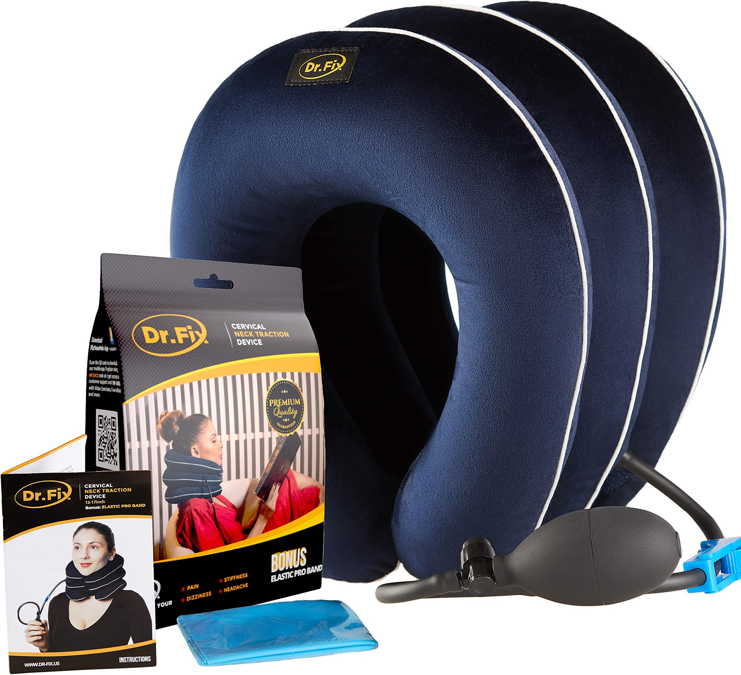 Dr Fix Cervical Neck Traction Device for Instant Neck Pain Relief at Home | Elastic Band (Dark Blue, 12-17)