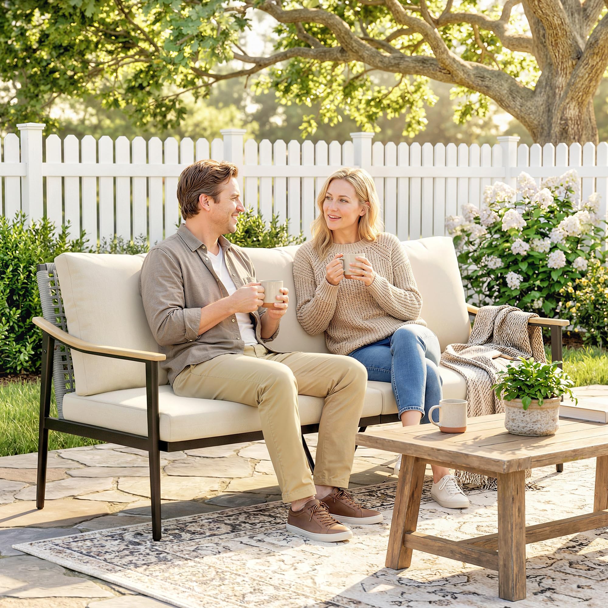 Outsunny Gartensofa 3-Sitzer Rattan Loungesofa mit abnehmbar Kissen Holzoptik-Armlehnen Stahlrahmen wetterfest Gartenbank Outdoor Sitzbank Gartenmöbel für Garten Terrasse Khaki