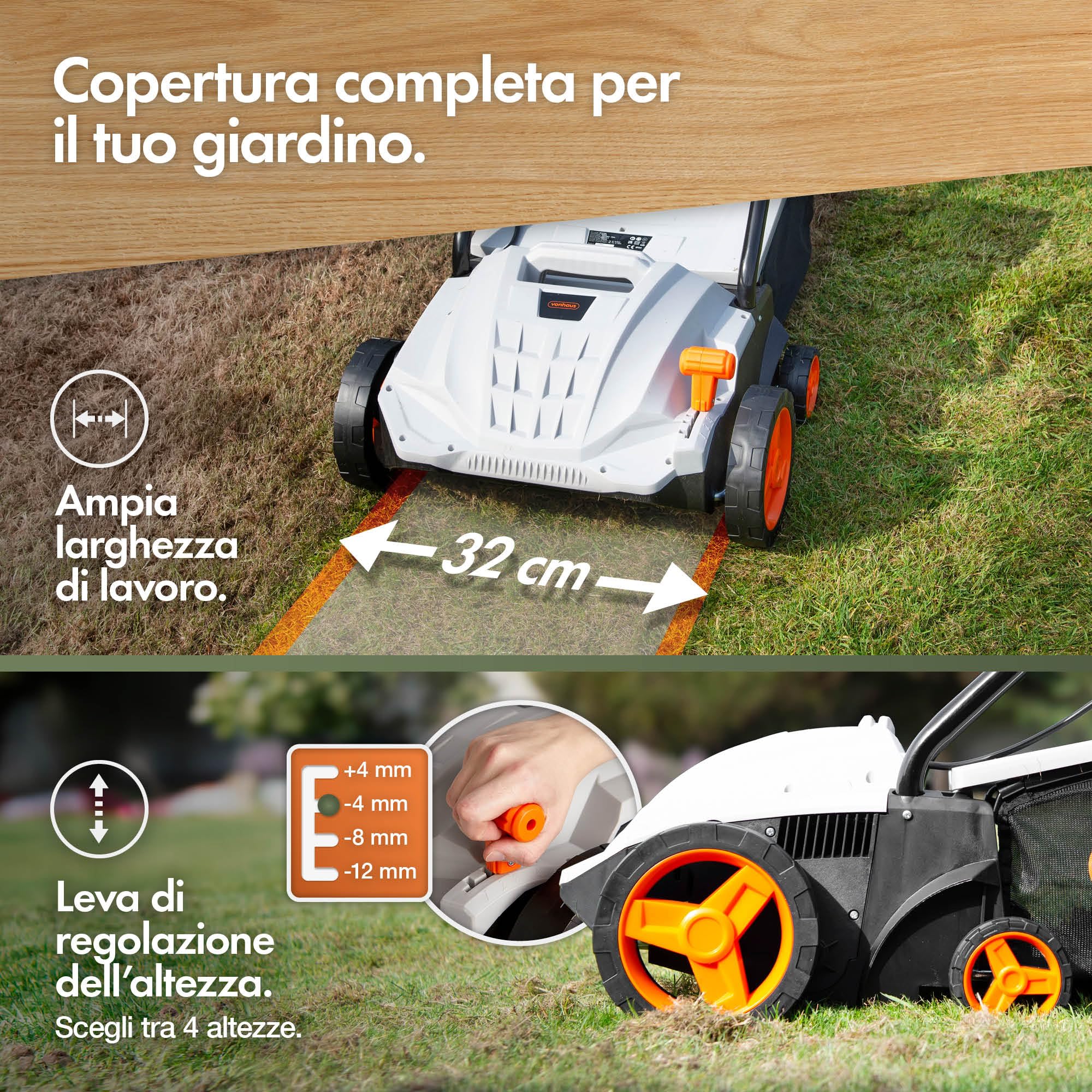 VonHaus Scarificatore Elettrico 1800W 55L 38cm 5 Altezze